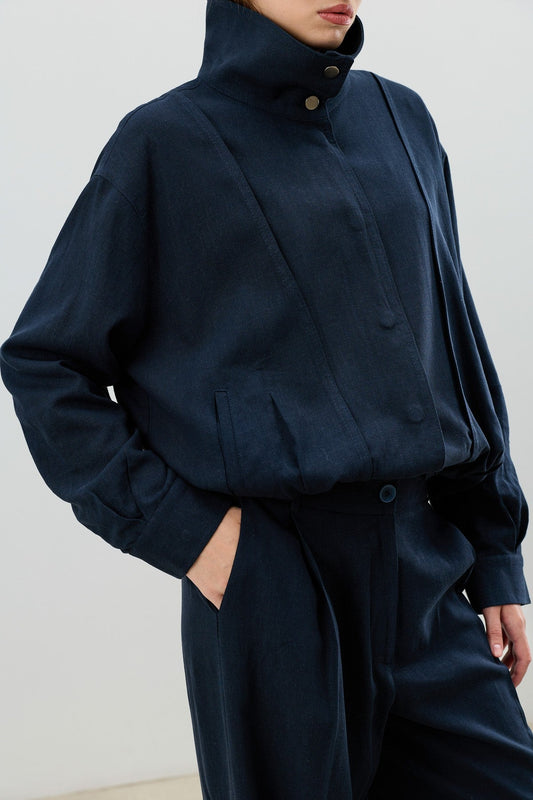 Antioch Linen-Blend Stand-Up Collar Bomber Jacket