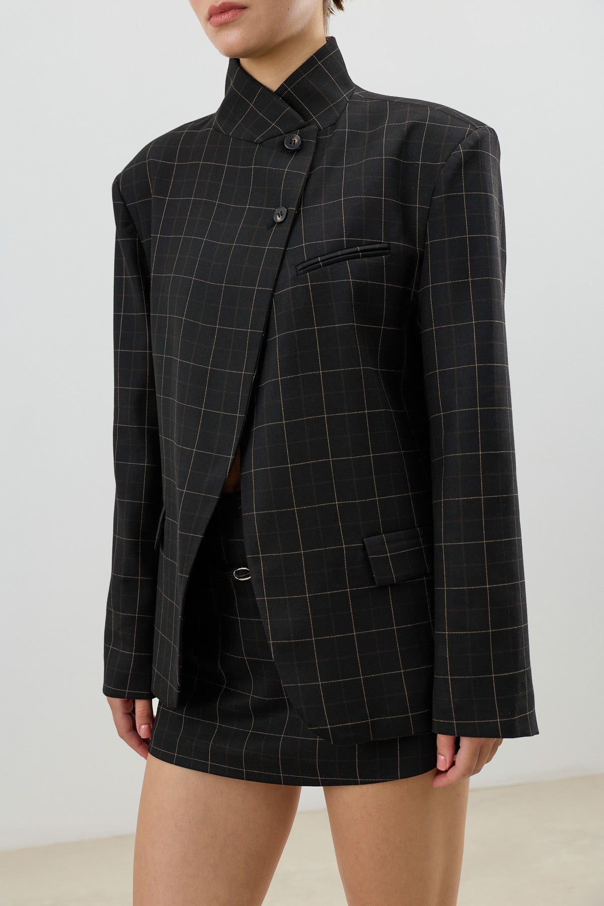 Antioch Checkered Stand-Up Collar Women's Blazer Jacket