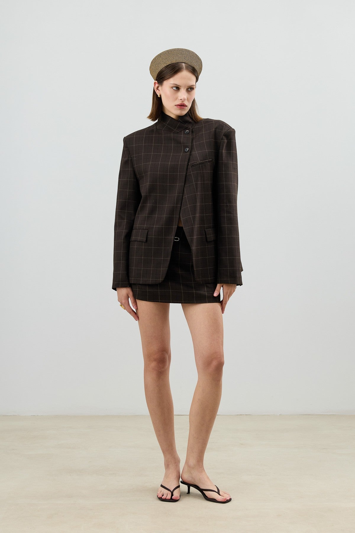 Antioch Checkered Stand-Up Collar Women's Blazer Jacket