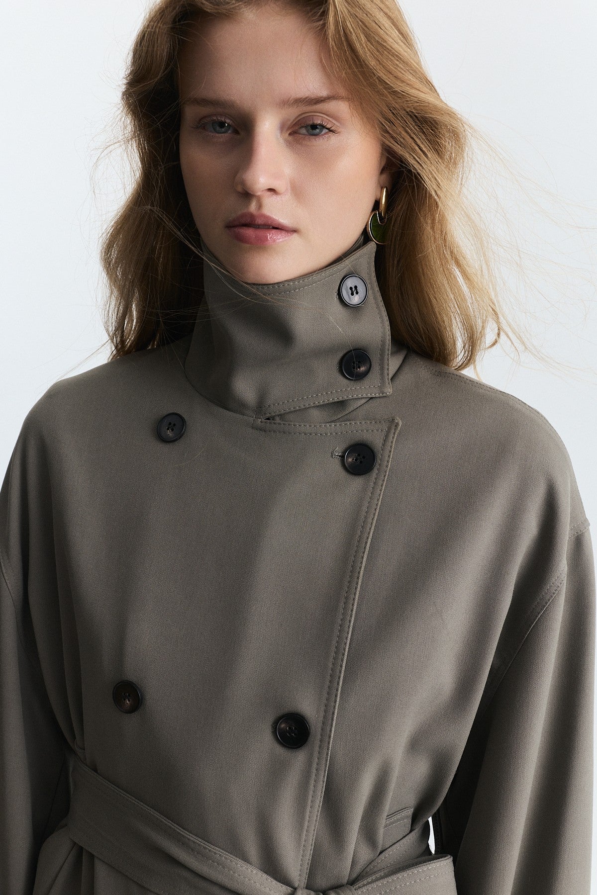 Stand-Up Collar Double-Breasted Belted Trench Coat