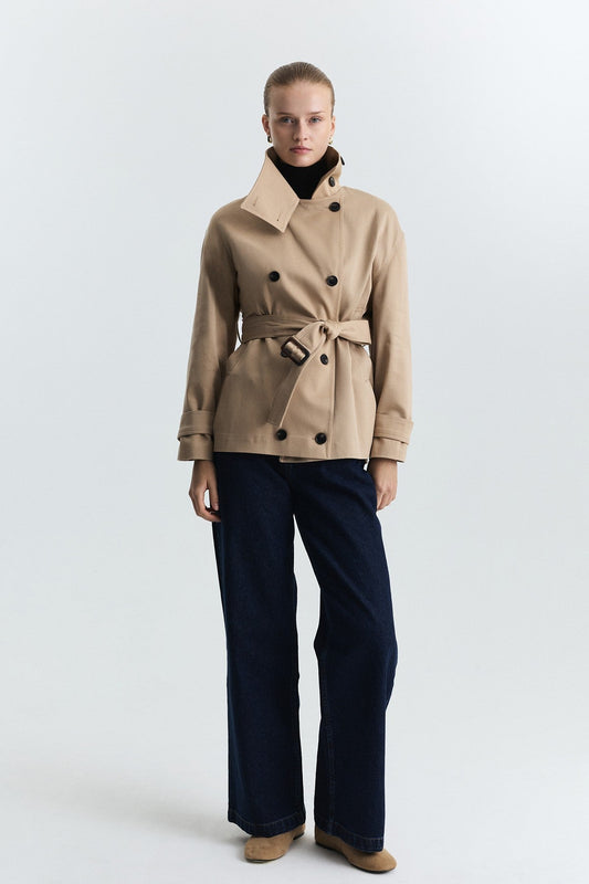 Stand-Up Collar Double-Breasted Belted Trench Coat
