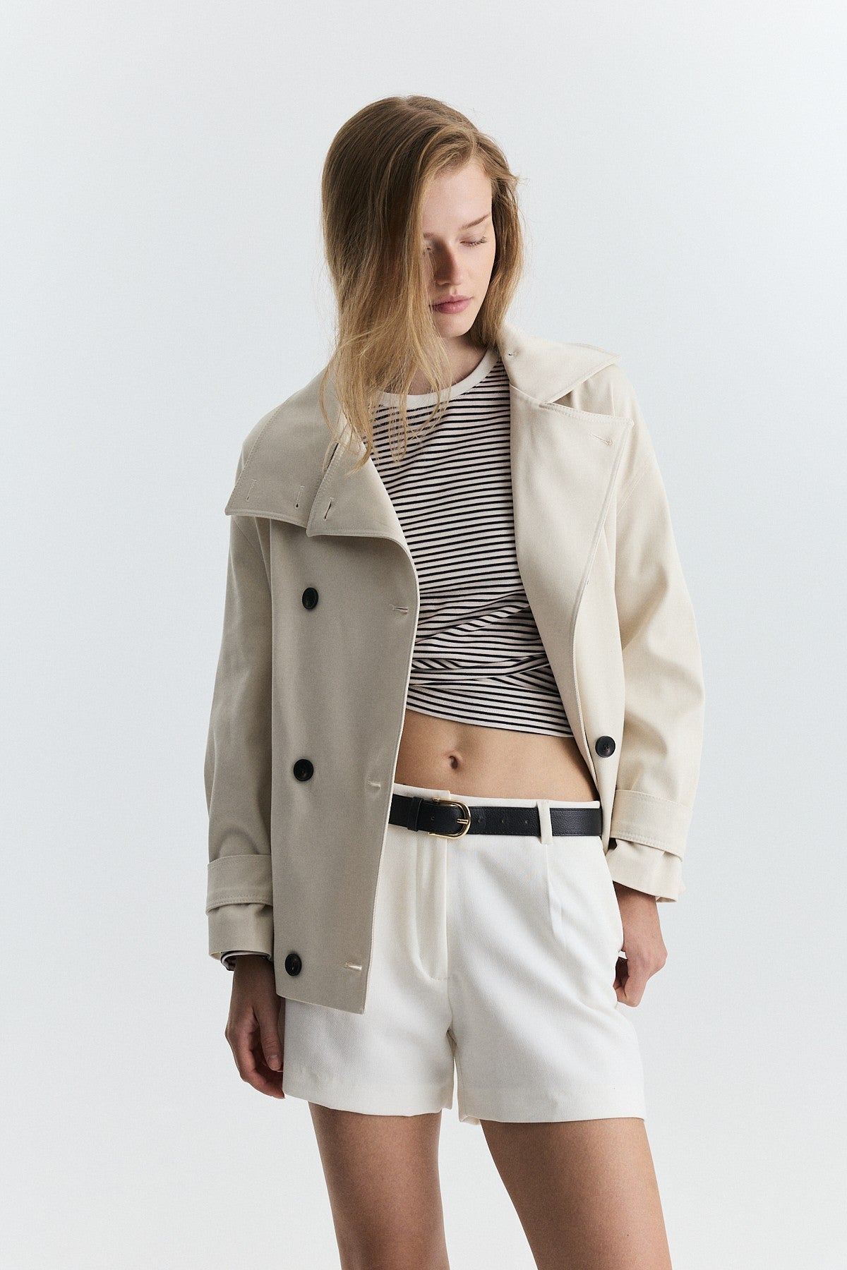 Stand-Up Collar Double-Breasted Belted Trench Coat