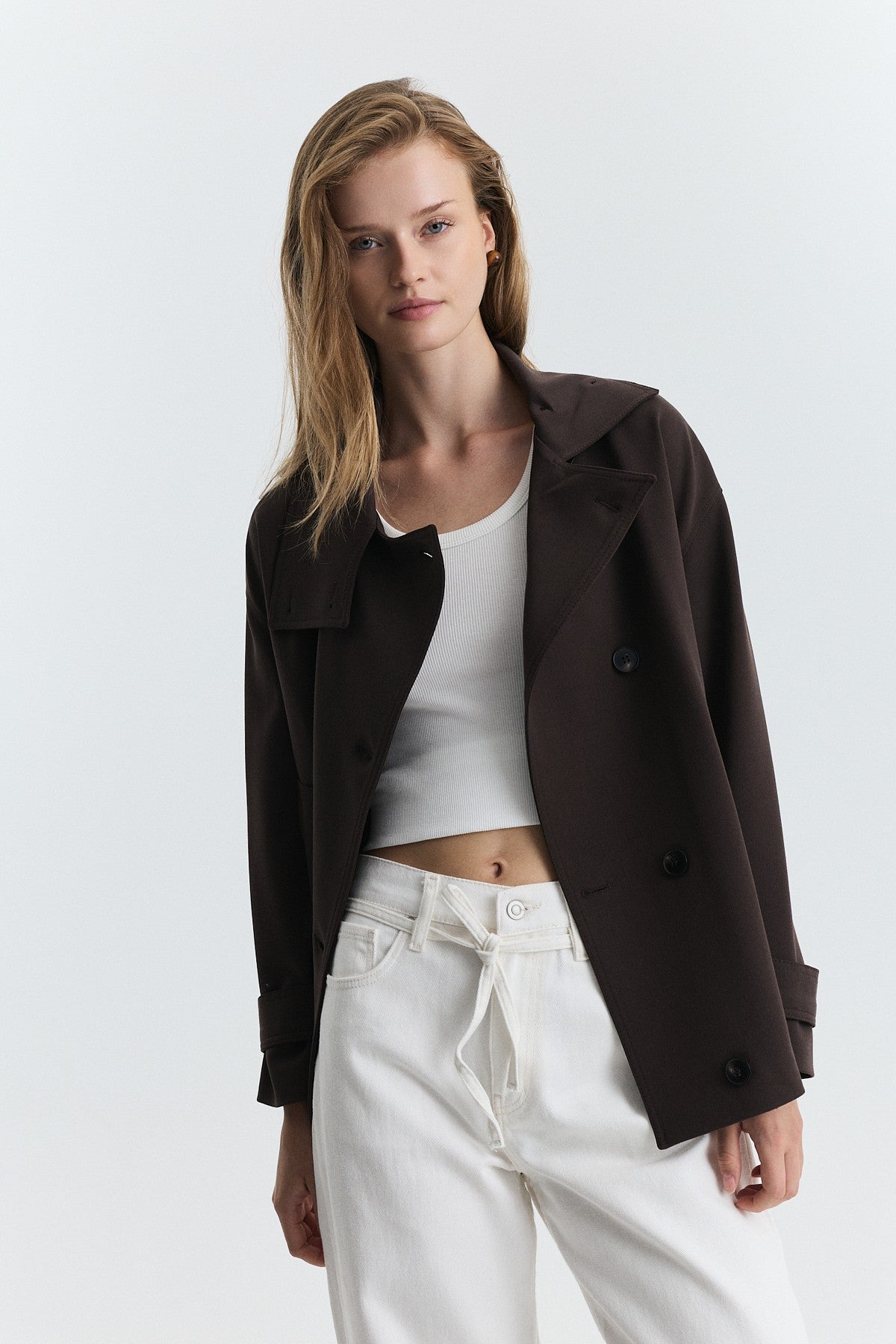 Stand-Up Collar Double-Breasted Belted Trench Coat