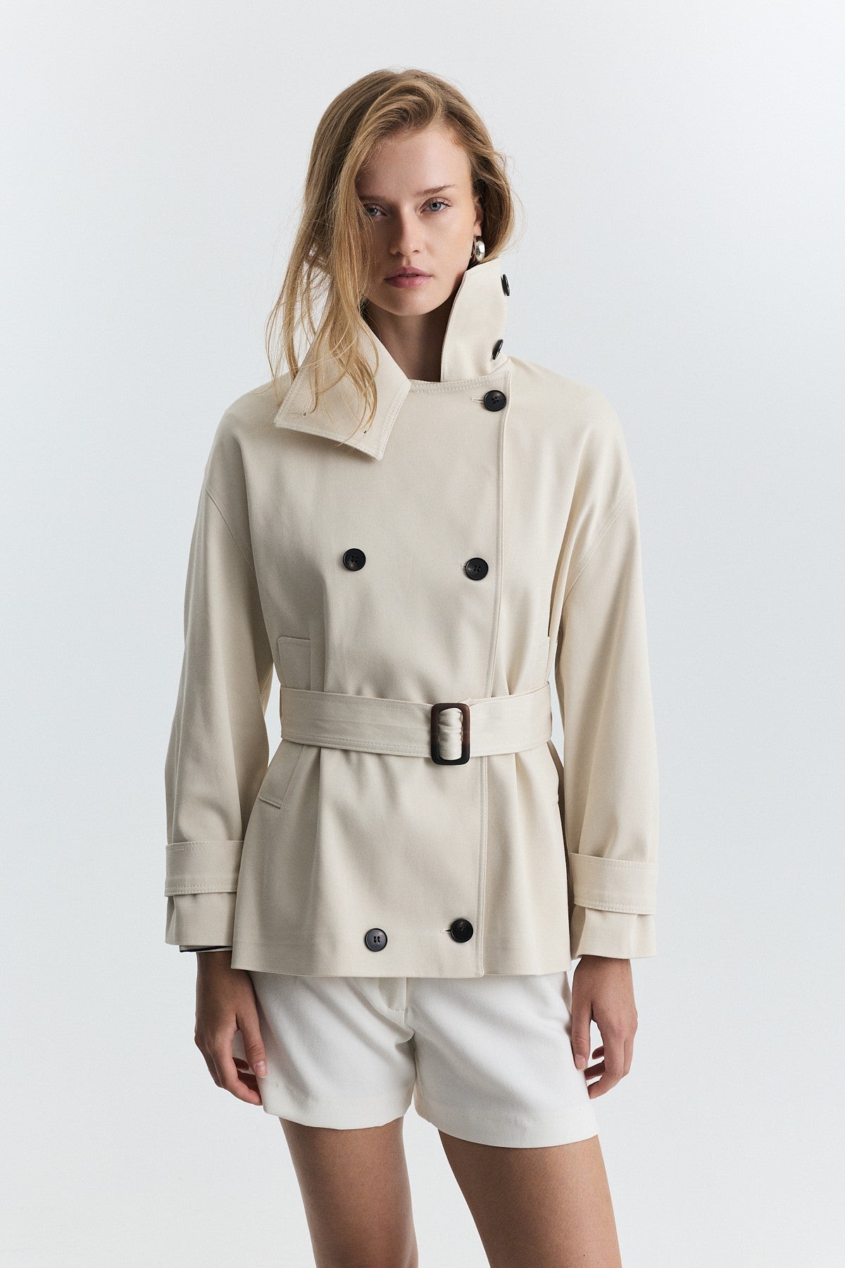 Stand-Up Collar Double-Breasted Belted Trench Coat