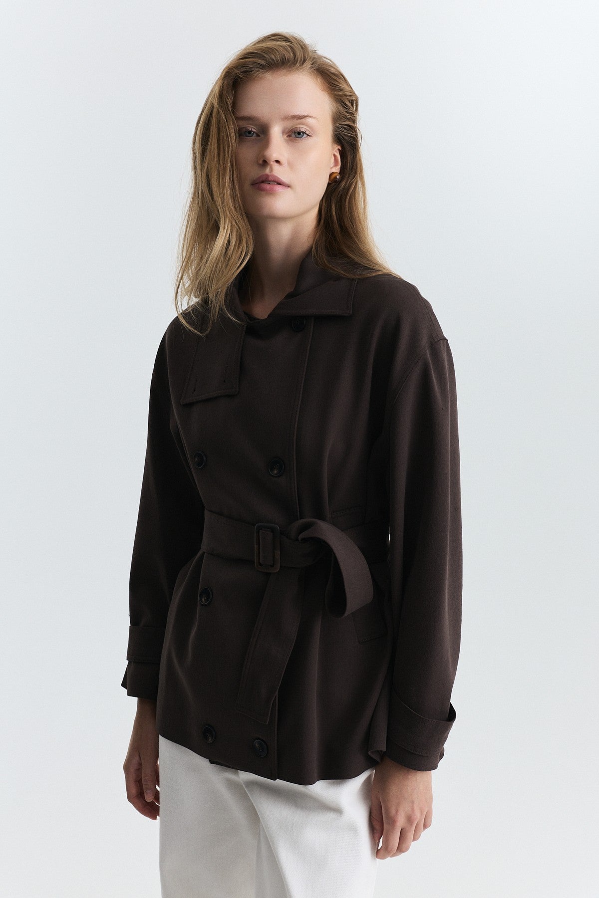 Stand-Up Collar Double-Breasted Belted Trench Coat