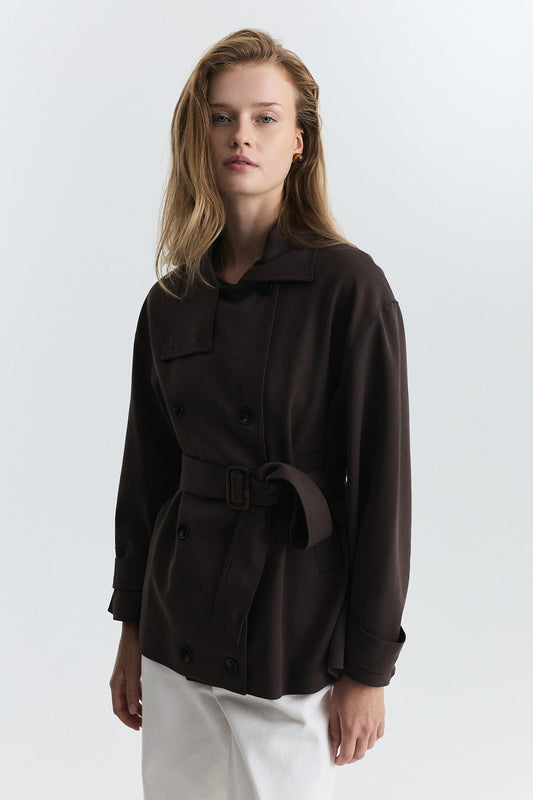 Stand-Up Collar Double-Breasted Belted Trench Coat