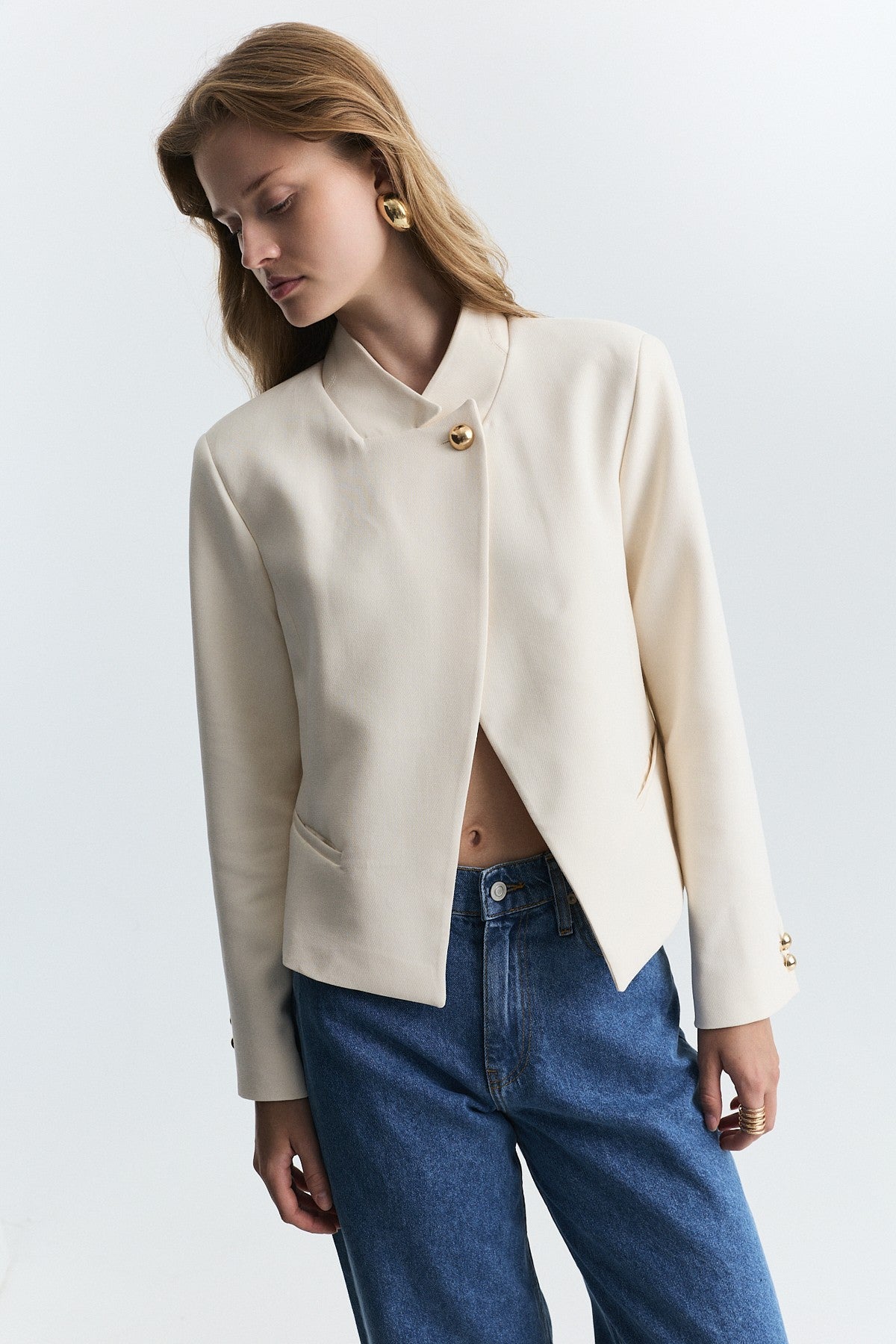 Stand-Up Collar, Single-Button Blazer Jacket