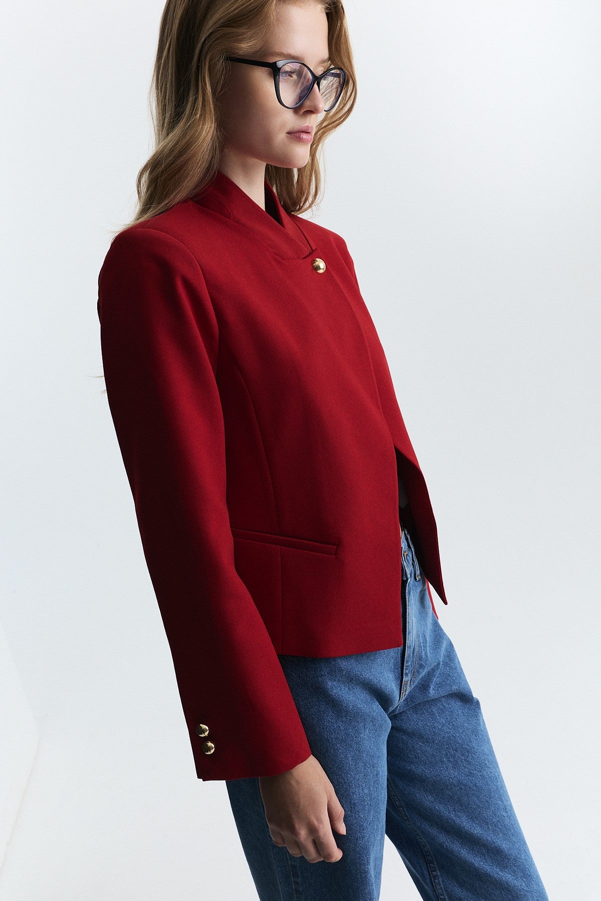 Stand-Up Collar, Single-Button Blazer Jacket