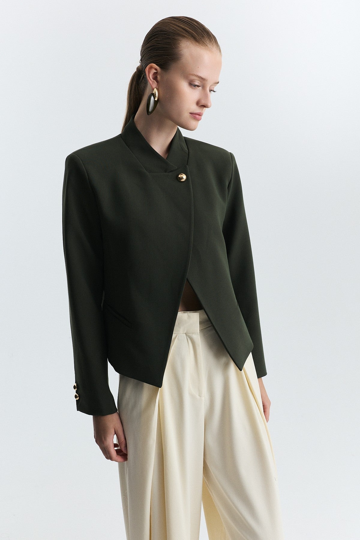 Stand-Up Collar, Single-Button Blazer Jacket