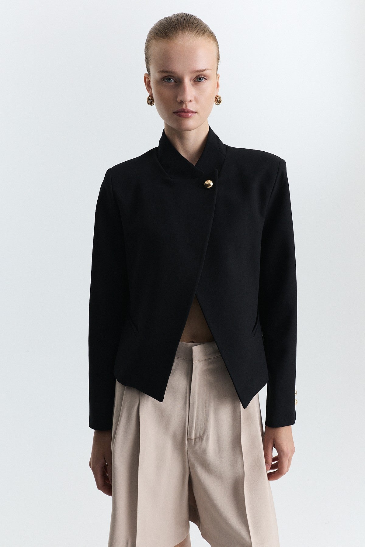Stand-Up Collar, Single-Button Blazer Jacket