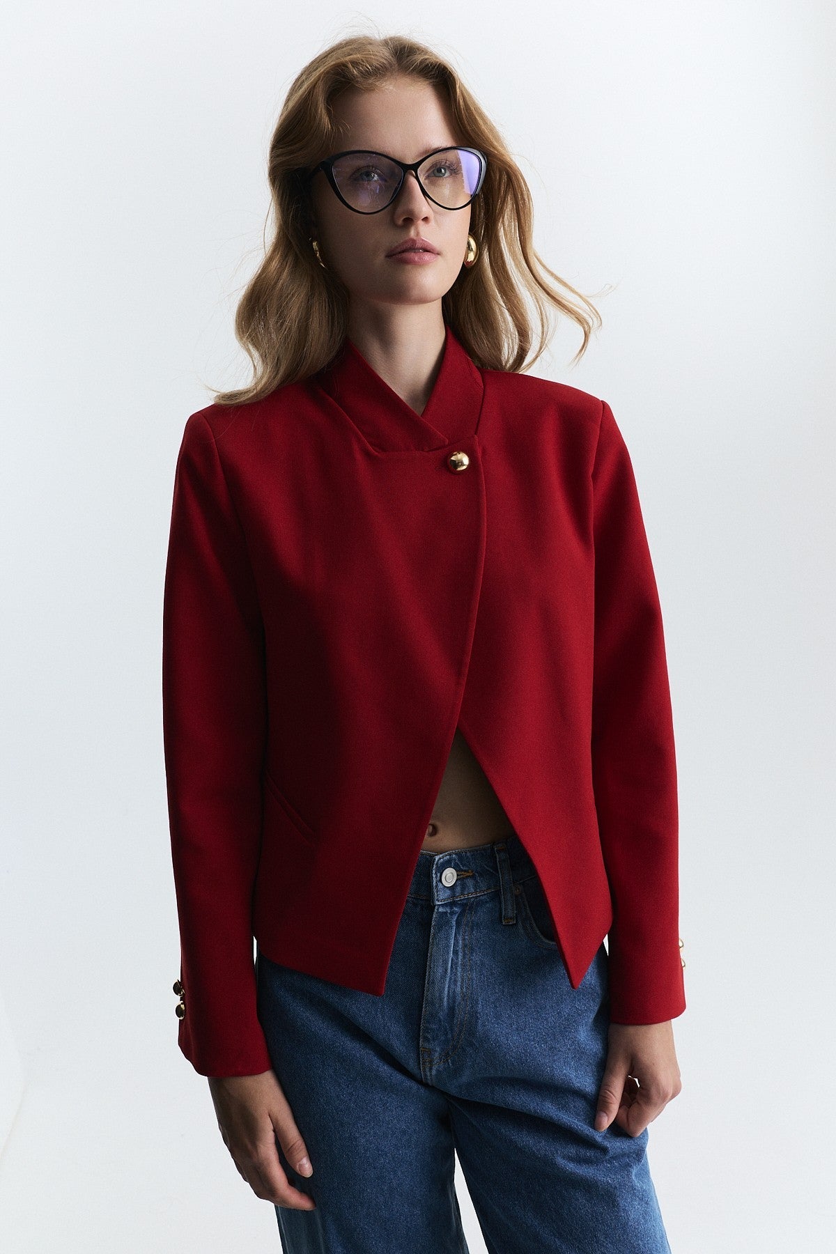 Stand-Up Collar, Single-Button Blazer Jacket
