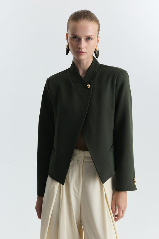 Stand-Up Collar, Single-Button Blazer Jacket