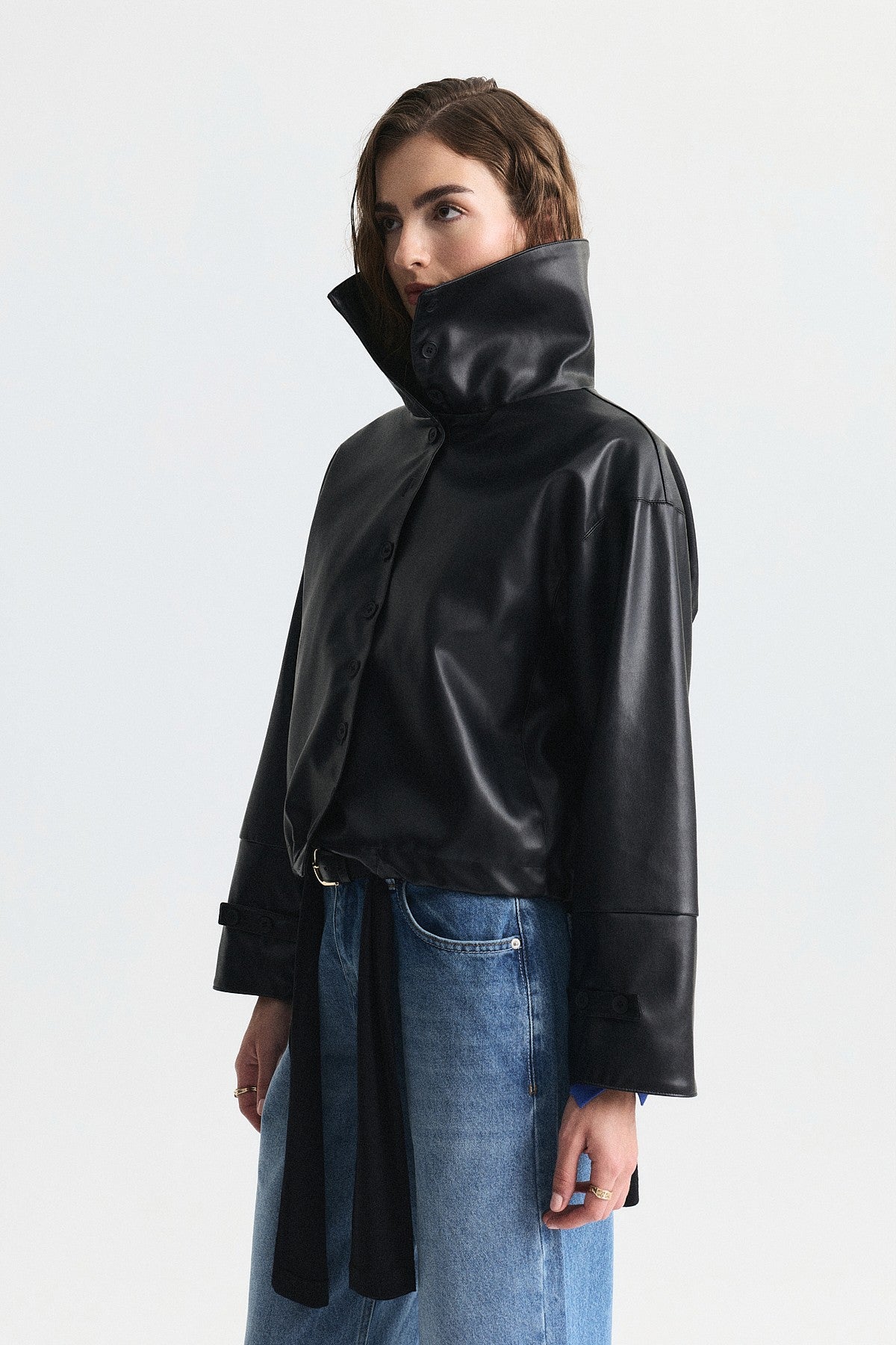 Wide-Collar Faux Leather Jacket