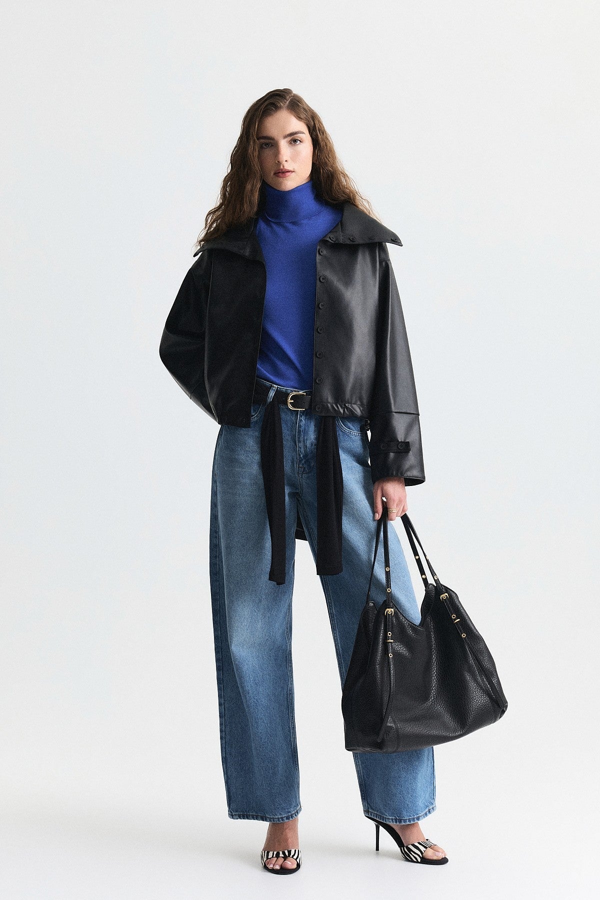 Wide-Collar Faux Leather Jacket
