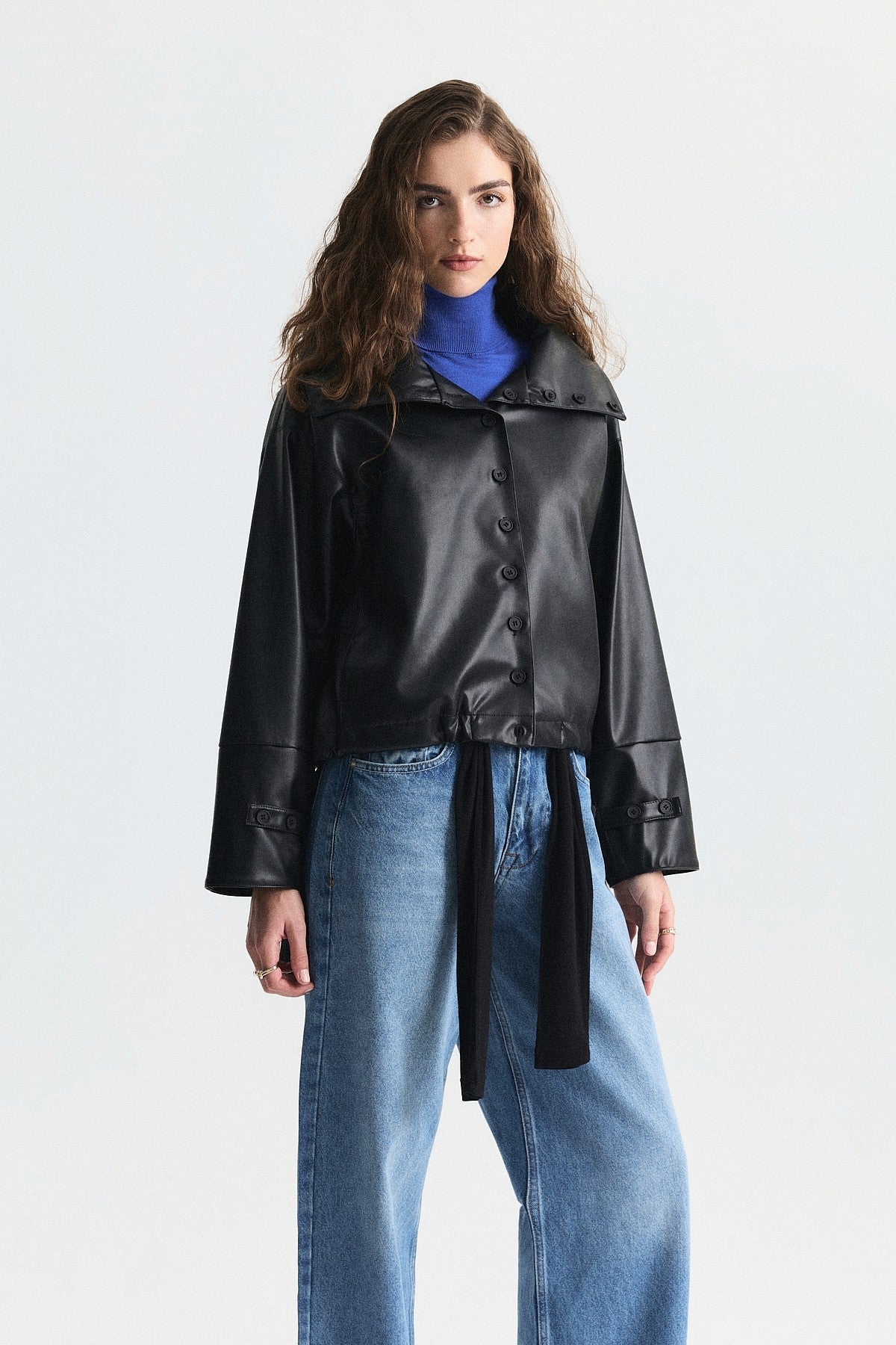 Wide-Collar Faux Leather Jacket