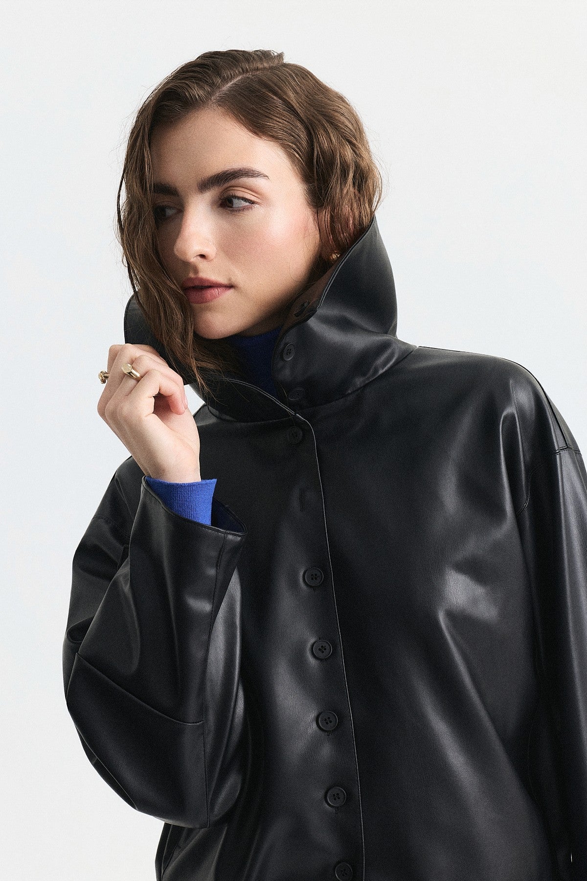 Wide-Collar Faux Leather Jacket