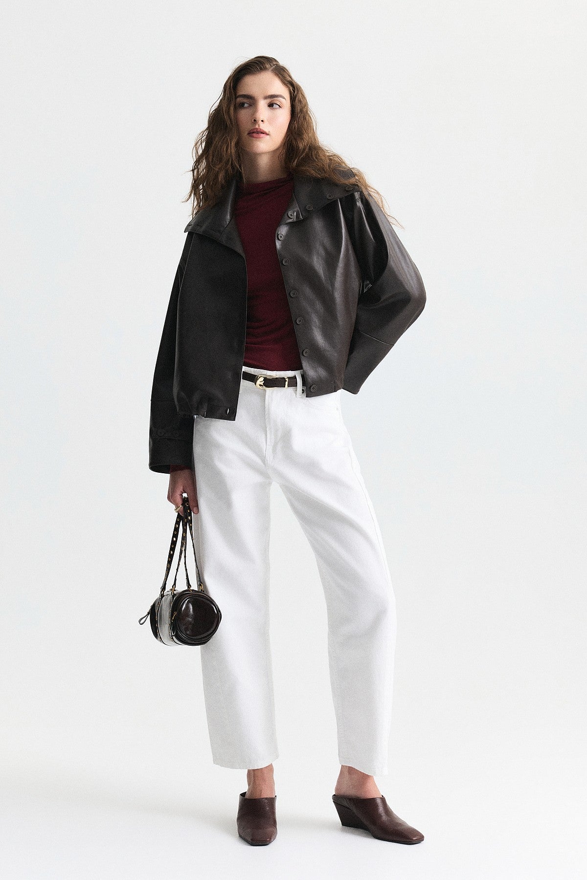 Wide-Collar Faux Leather Jacket