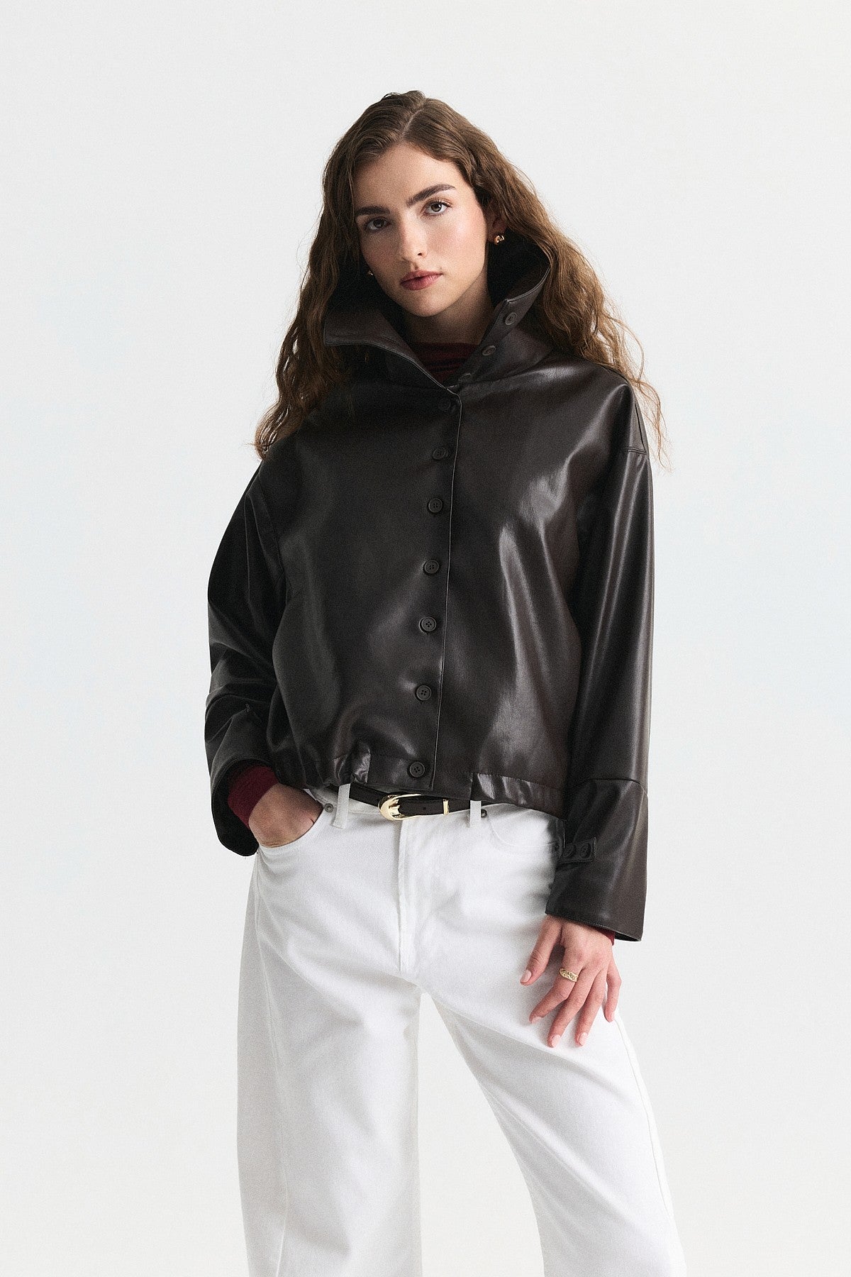 Wide-Collar Faux Leather Jacket