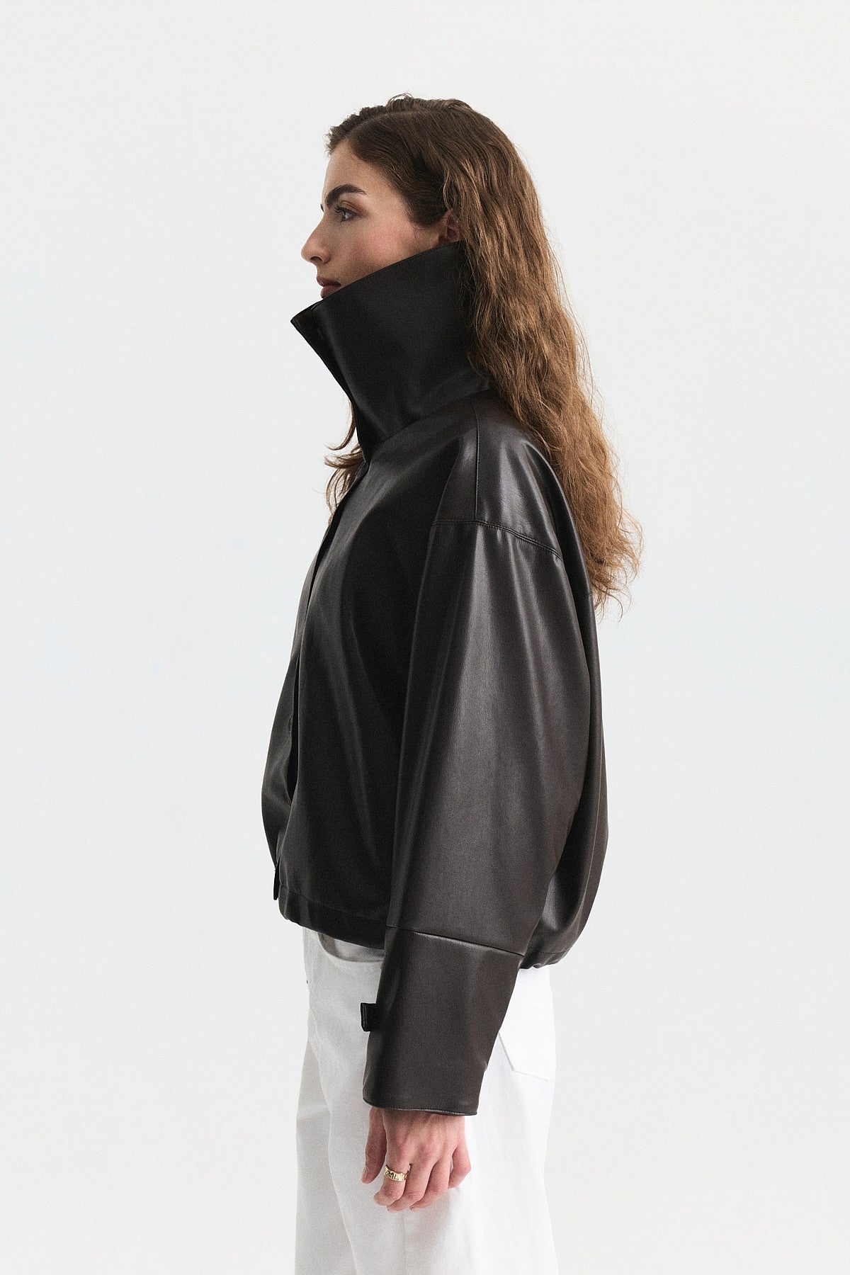 Wide-Collar Faux Leather Jacket
