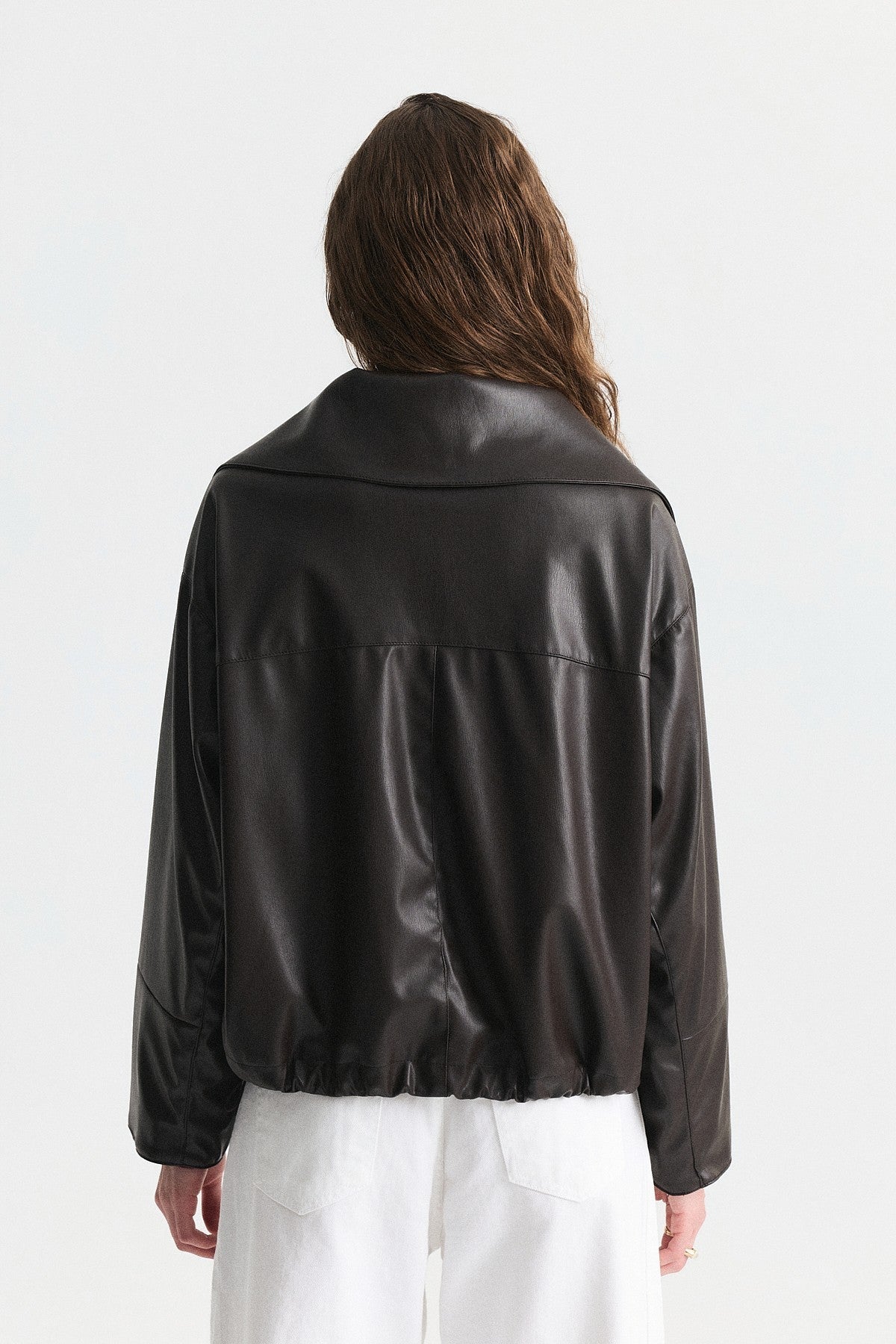 Wide-Collar Faux Leather Jacket