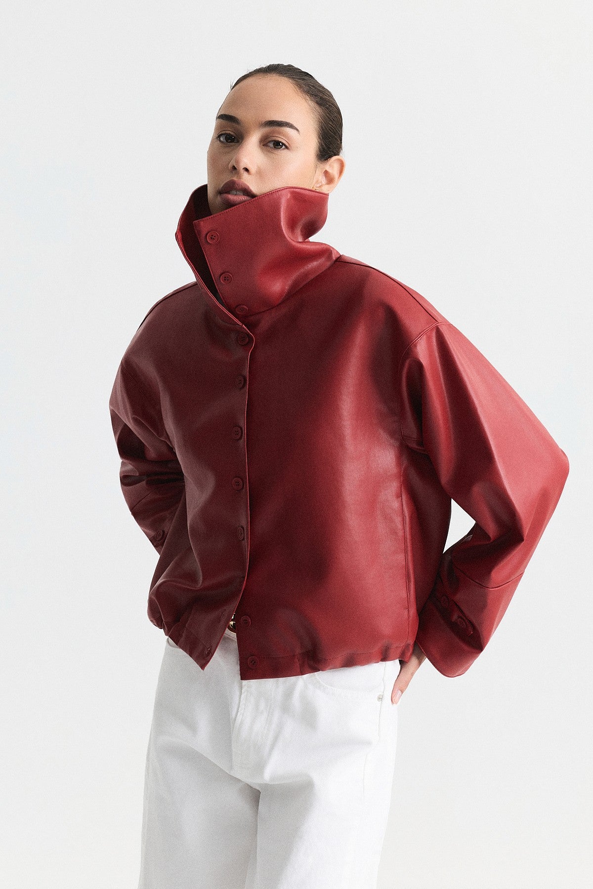 Wide-Collar Faux Leather Jacket