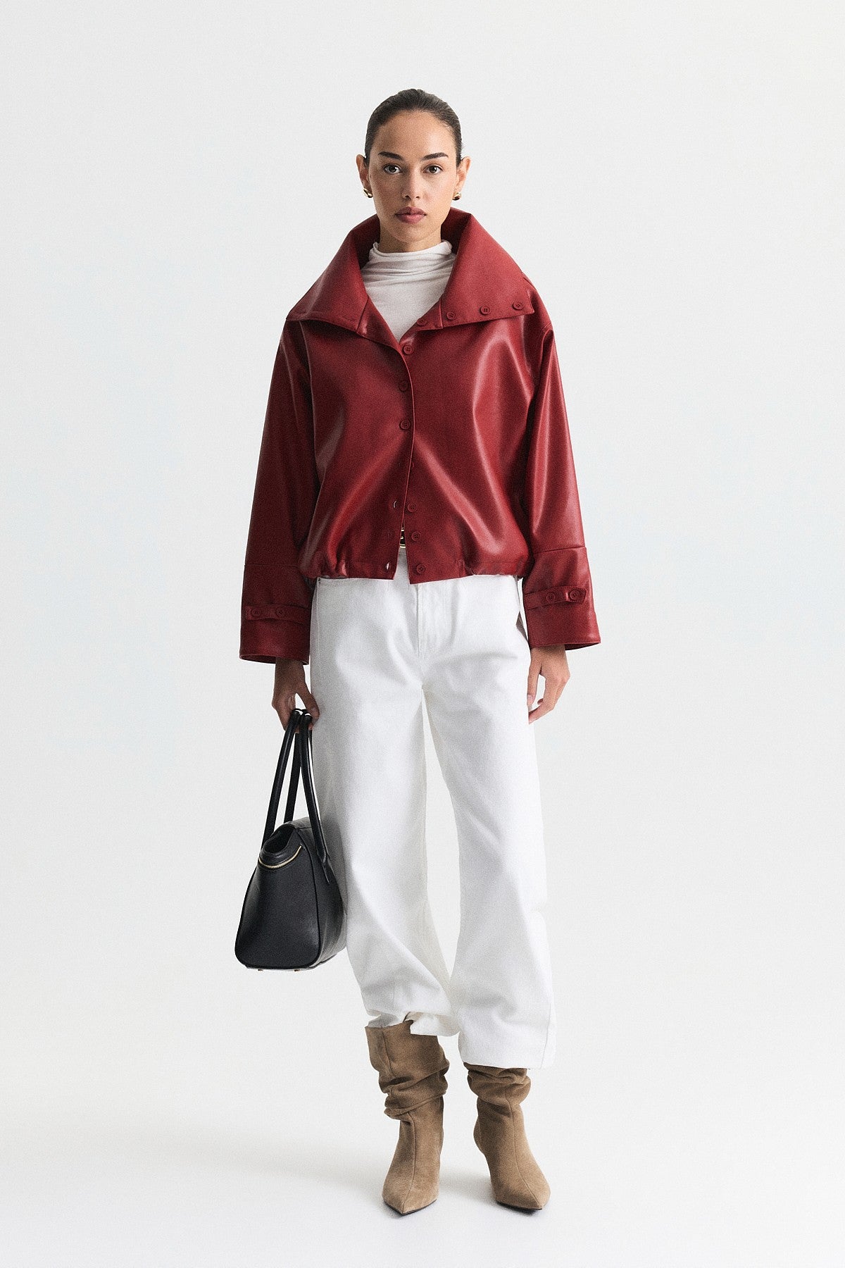 Wide-Collar Faux Leather Jacket