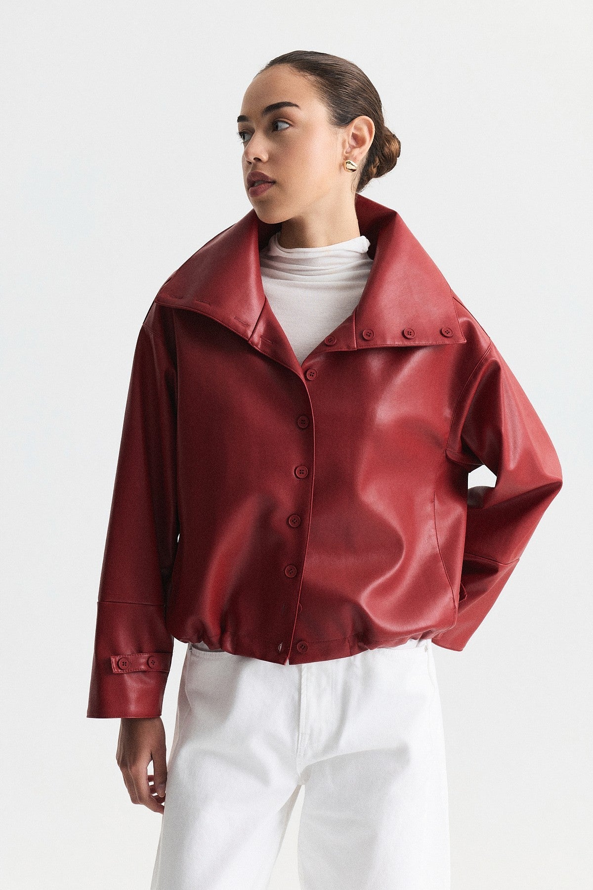 Wide-Collar Faux Leather Jacket