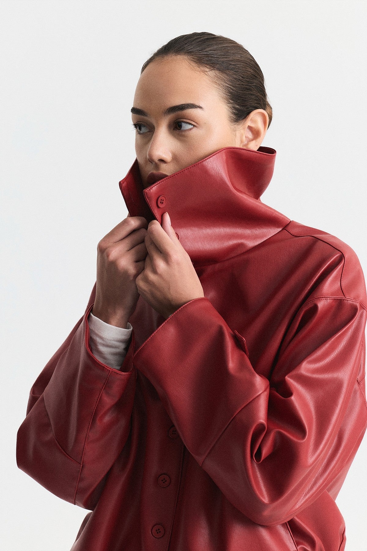 Wide-Collar Faux Leather Jacket