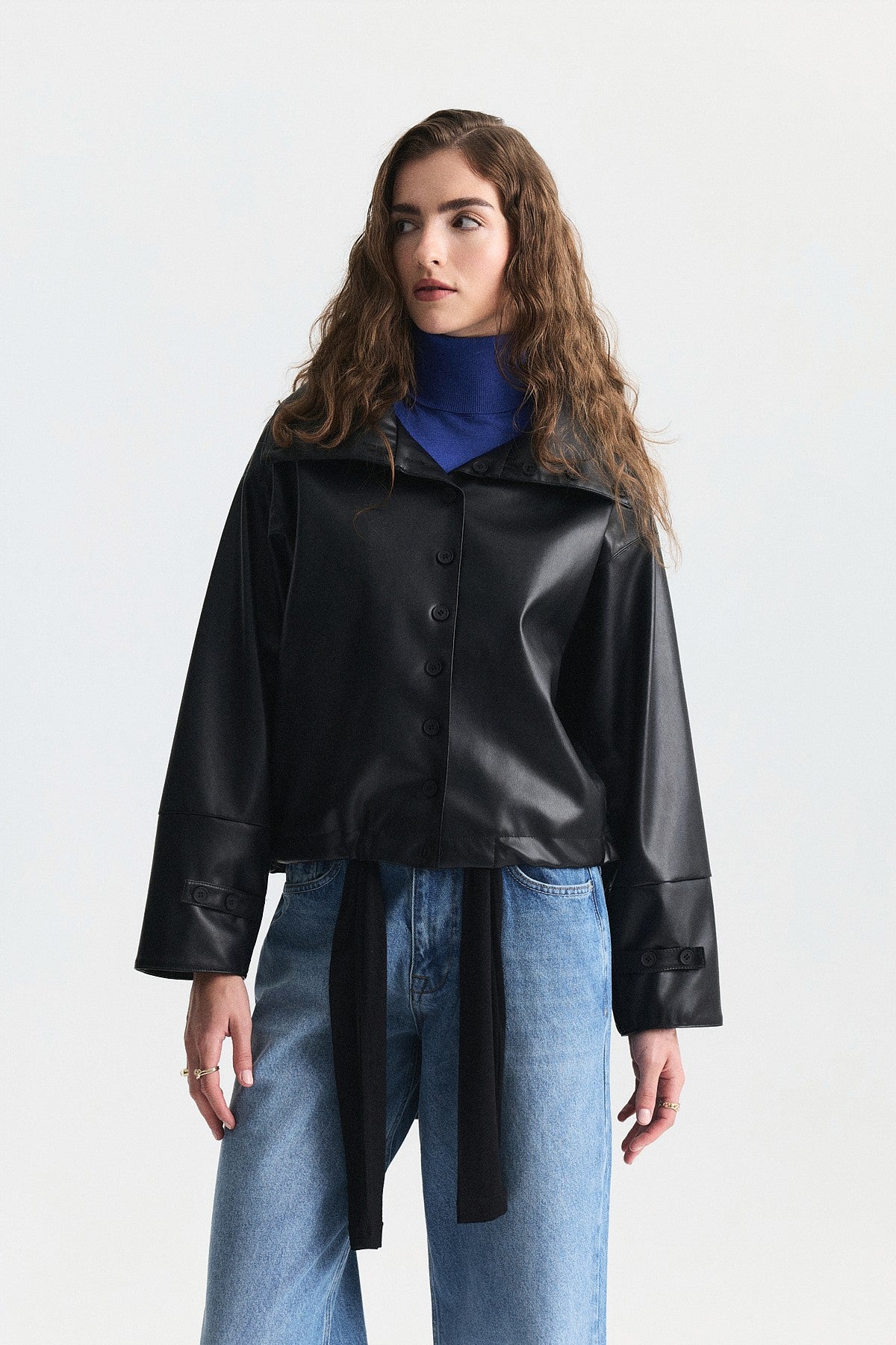 Wide-Collar Faux Leather Jacket