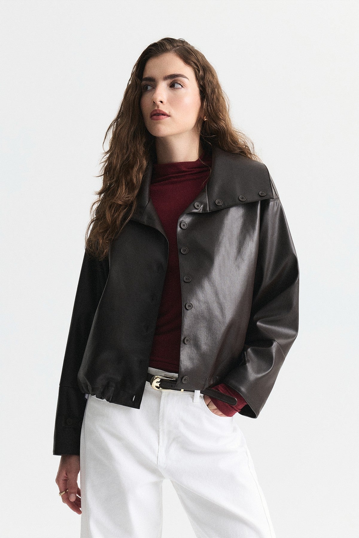 Wide-Collar Faux Leather Jacket