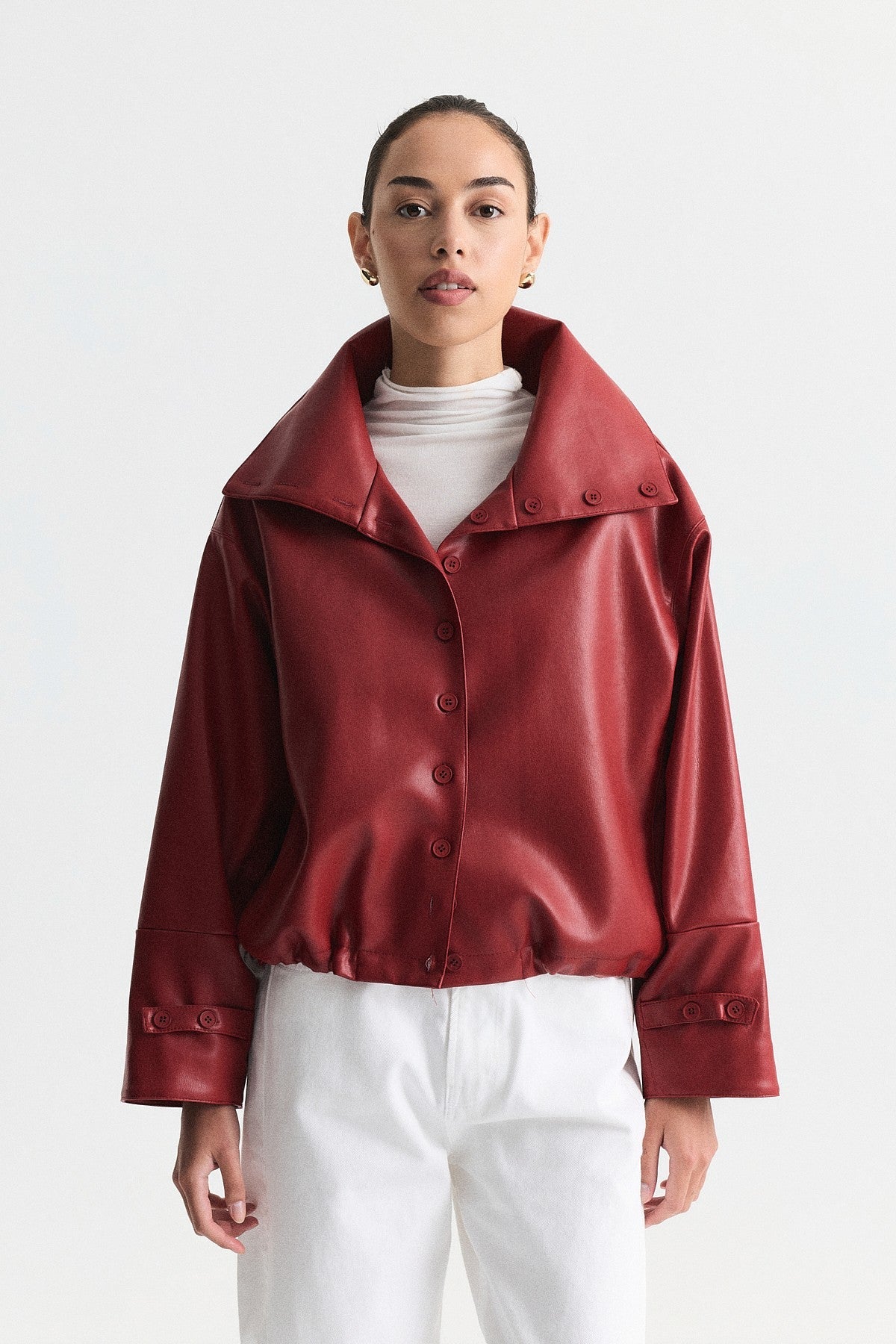 Wide-Collar Faux Leather Jacket