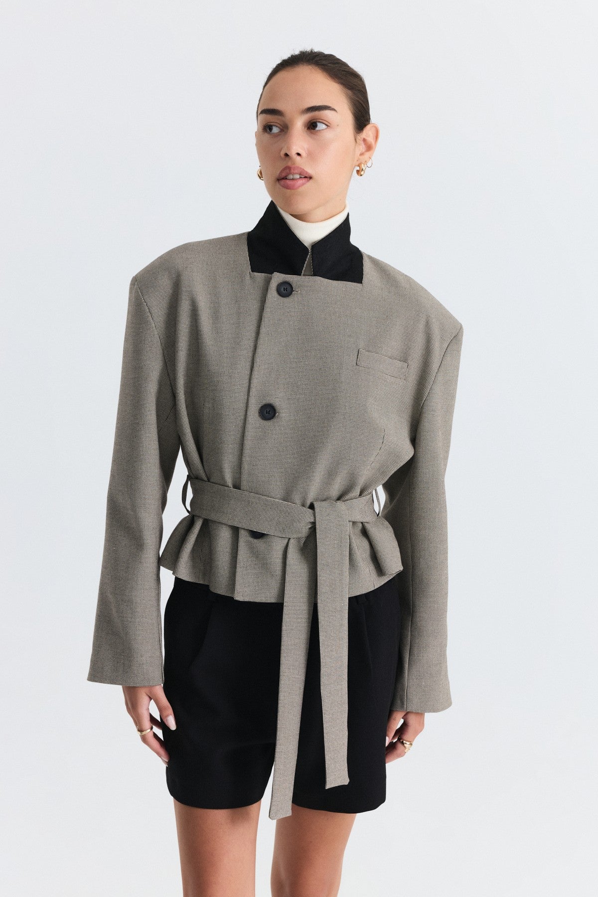 Padded, Checkered, Belted Jacket