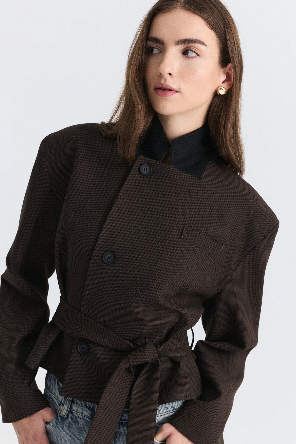 Padded, Checkered, Belted Jacket