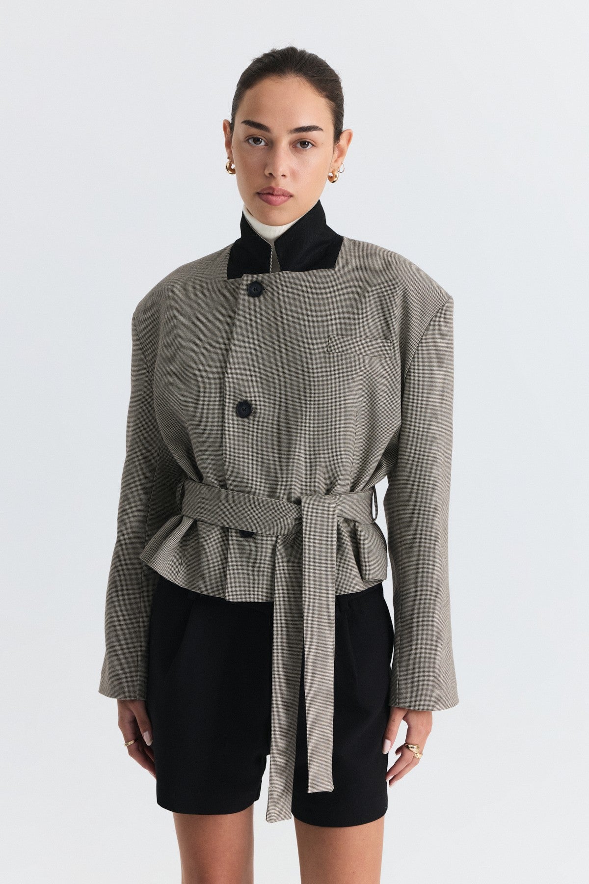 Padded, Checkered, Belted Jacket