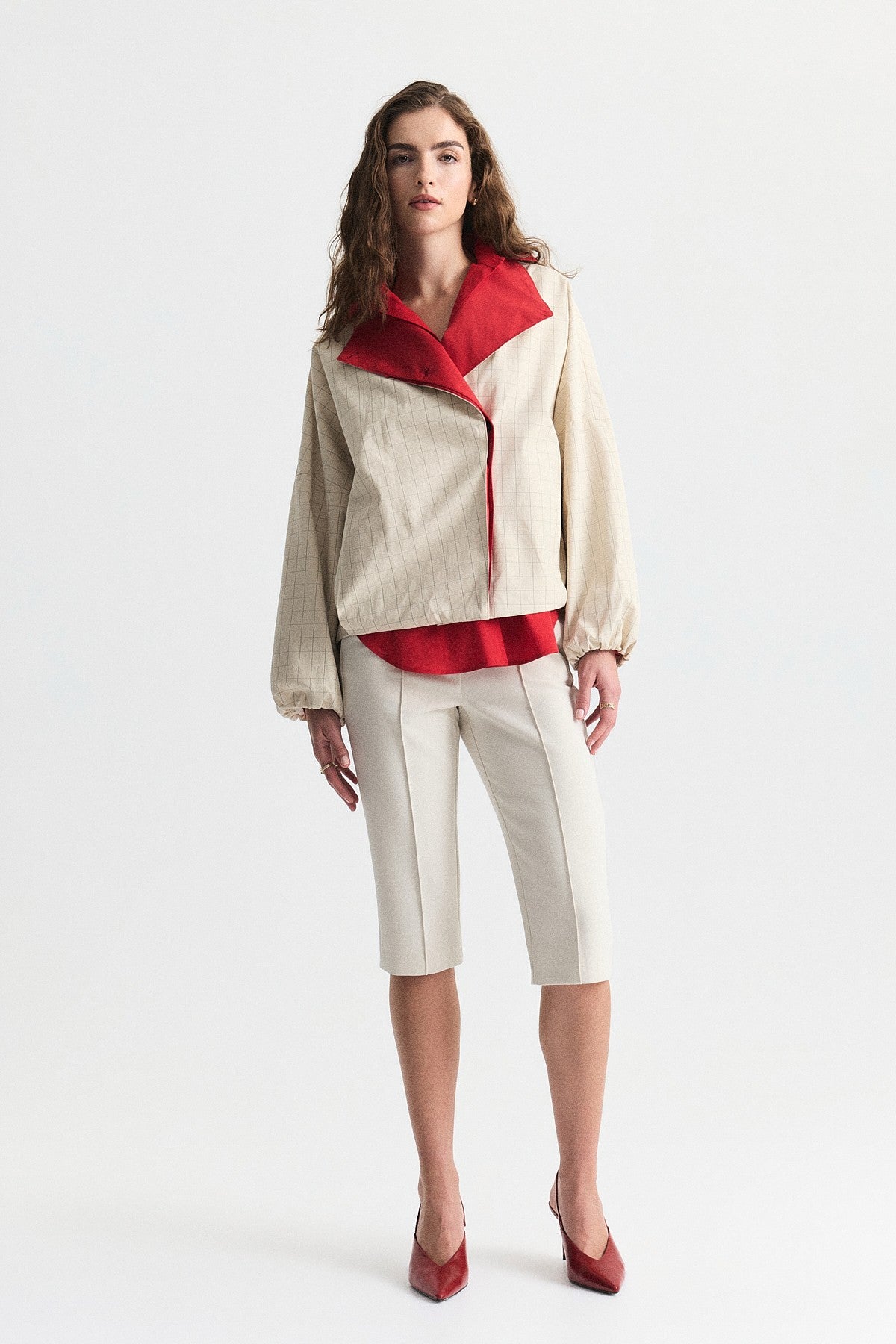 Contrast-Collar Checkered Jacket