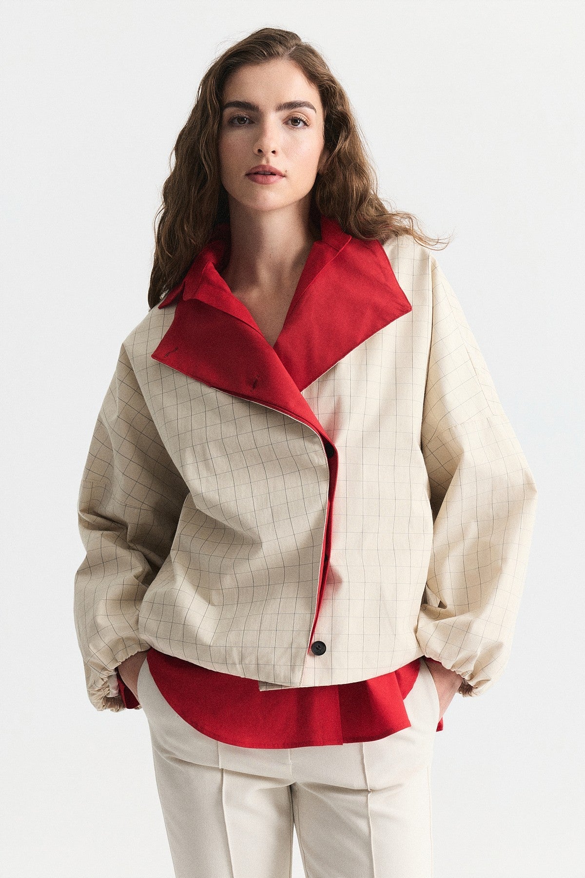 Contrast-Collar Checkered Jacket