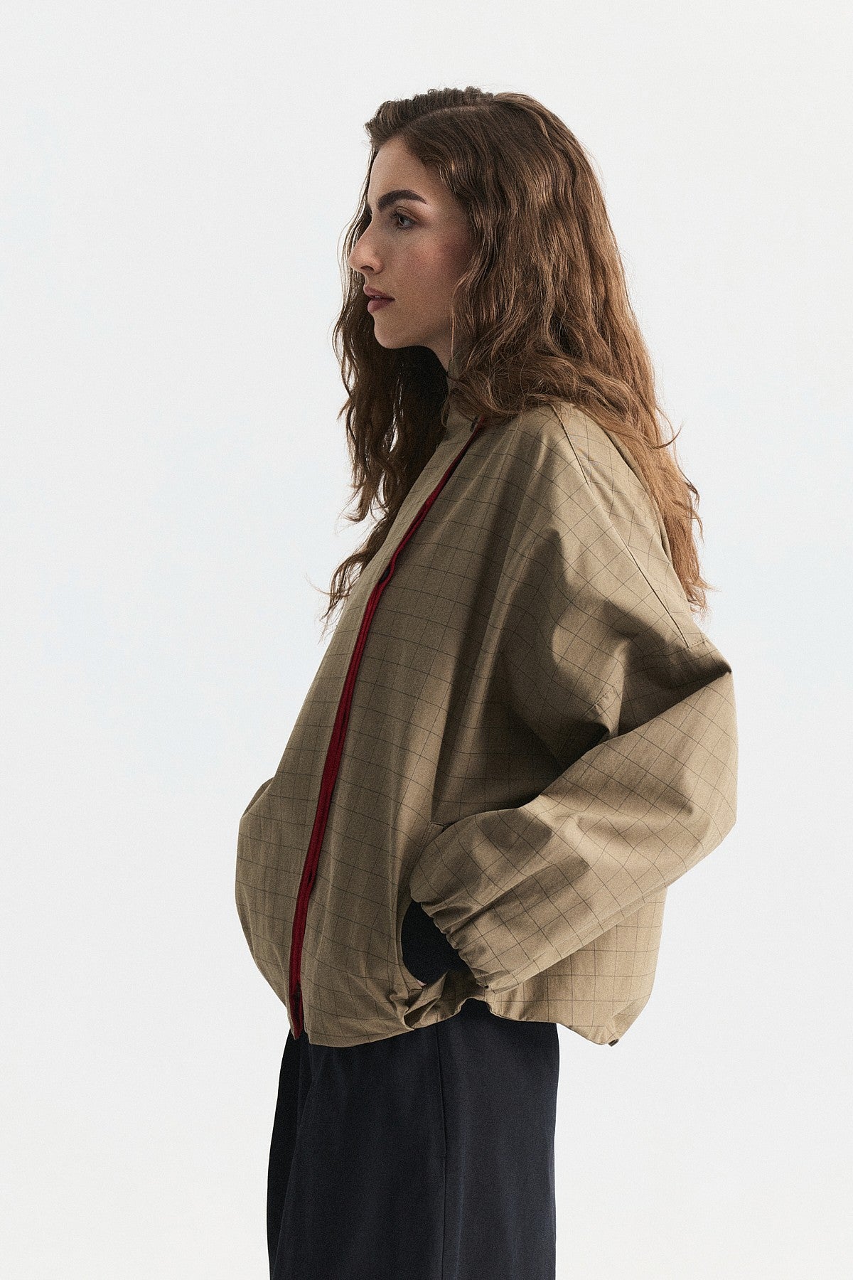 Contrast-Collar Checkered Jacket