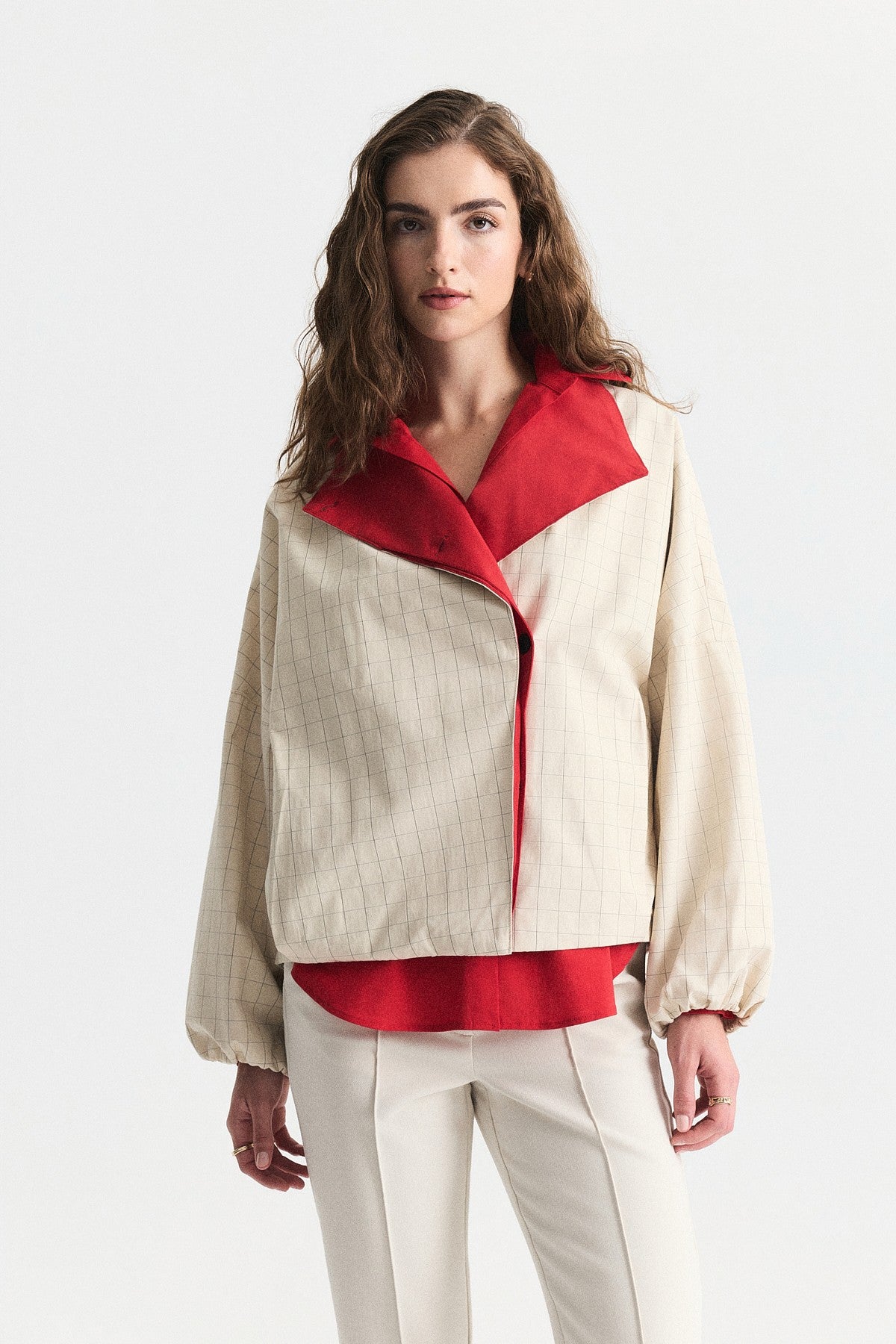 Contrast-Collar Checkered Jacket