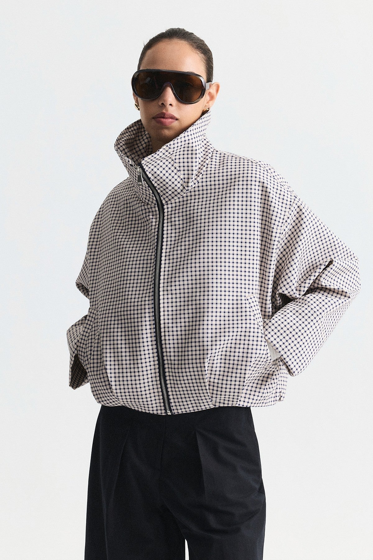 Wide-Collar Checkered Jacket