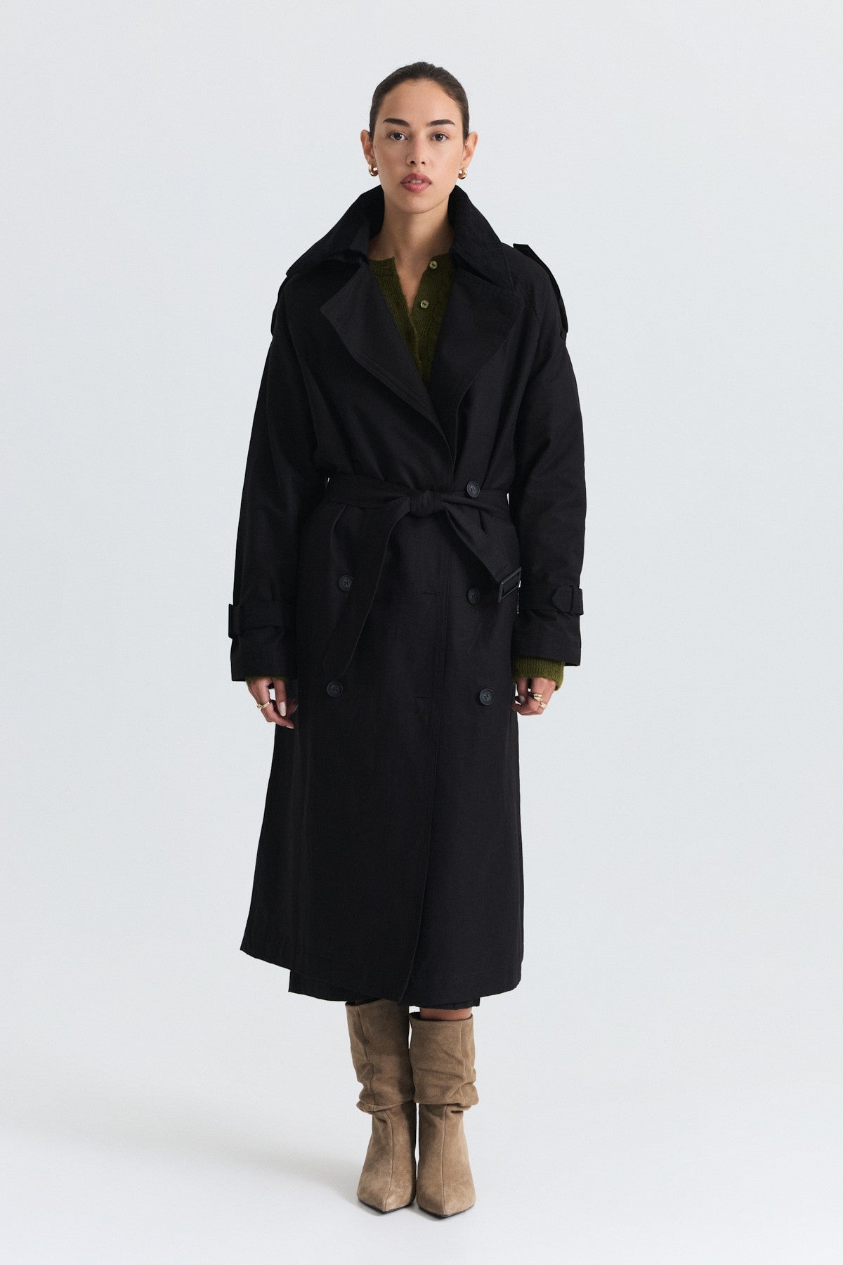 Velvet-Collar Double-Breasted Trench Coat