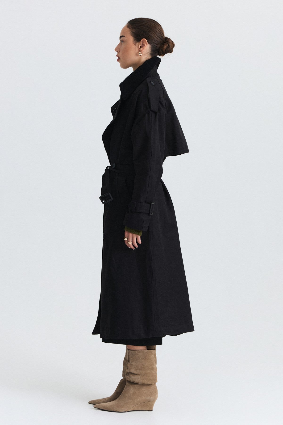 Velvet-Collar Double-Breasted Trench Coat