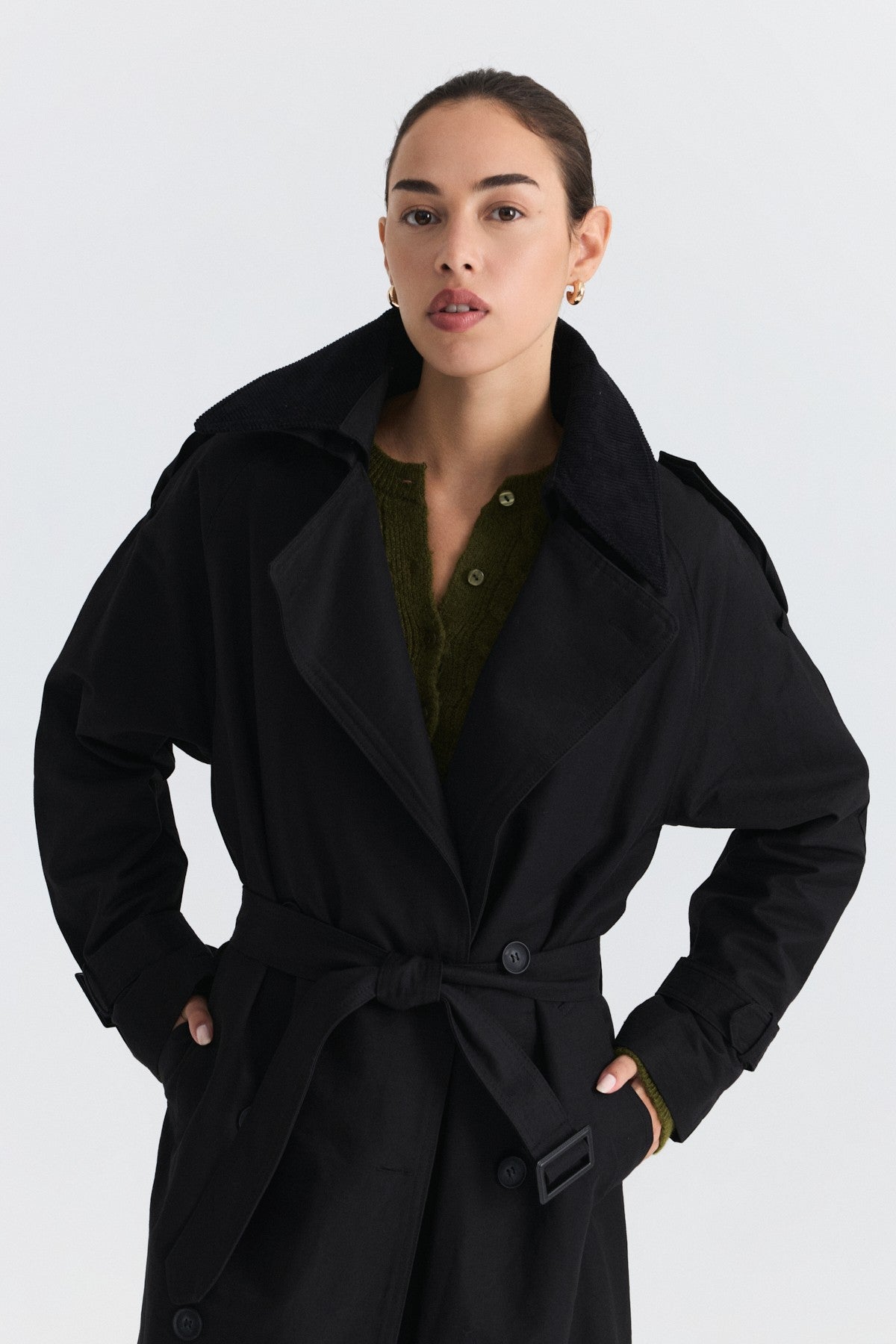 Velvet-Collar Double-Breasted Trench Coat