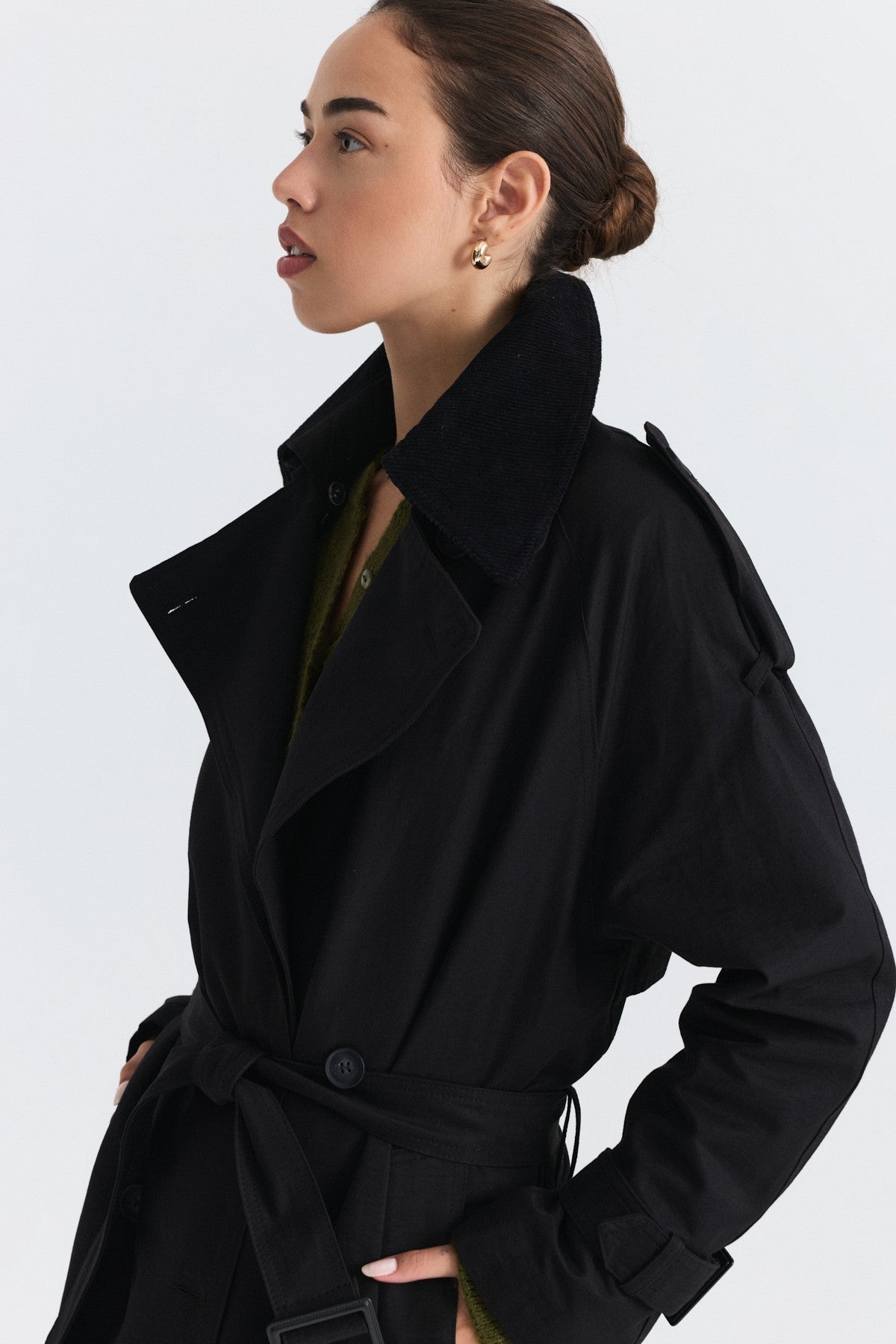 Velvet-Collar Double-Breasted Trench Coat