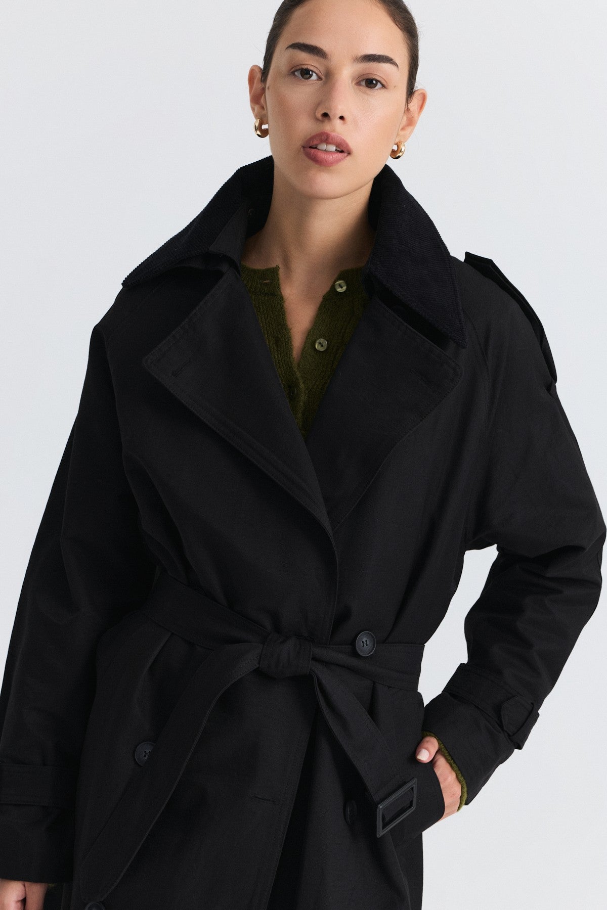 Velvet-Collar Double-Breasted Trench Coat