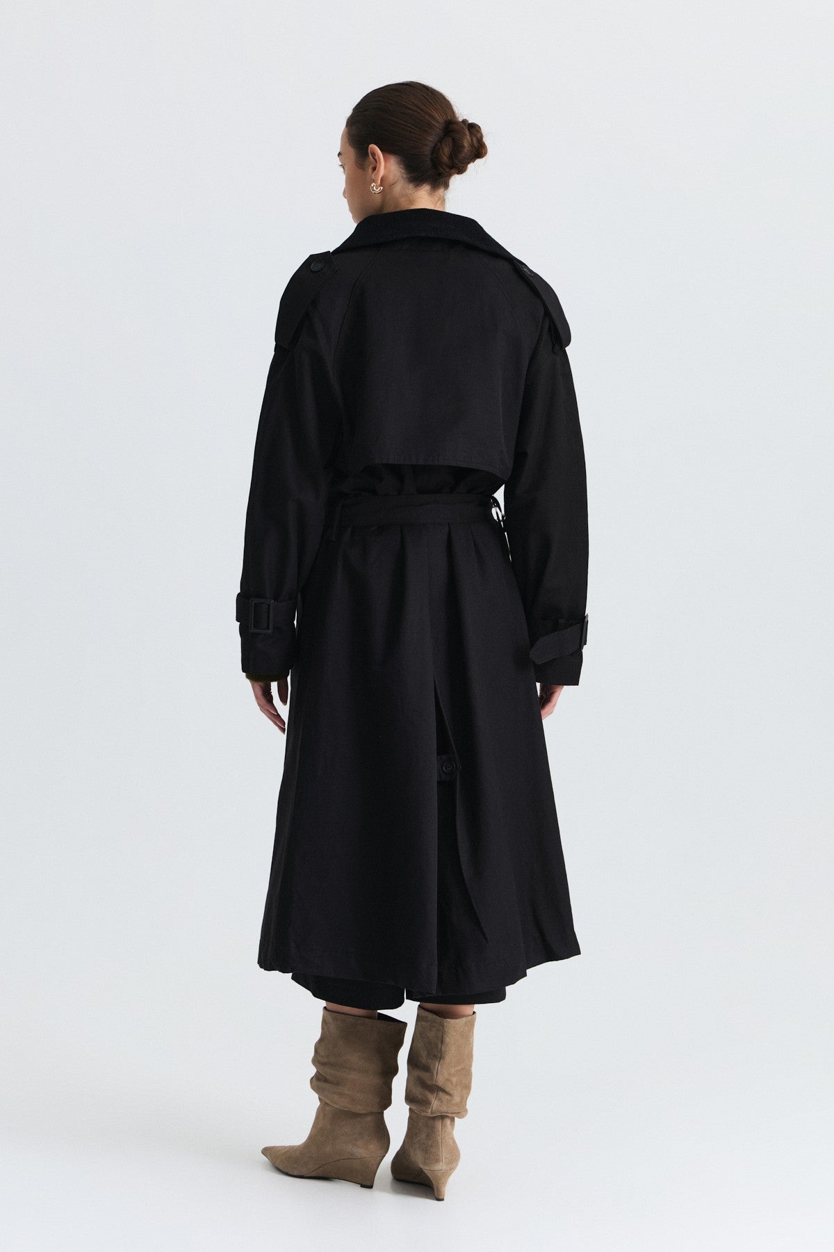 Velvet-Collar Double-Breasted Trench Coat