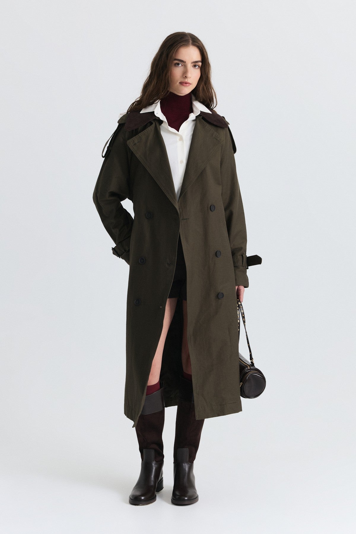 Velvet-Collar Double-Breasted Trench Coat