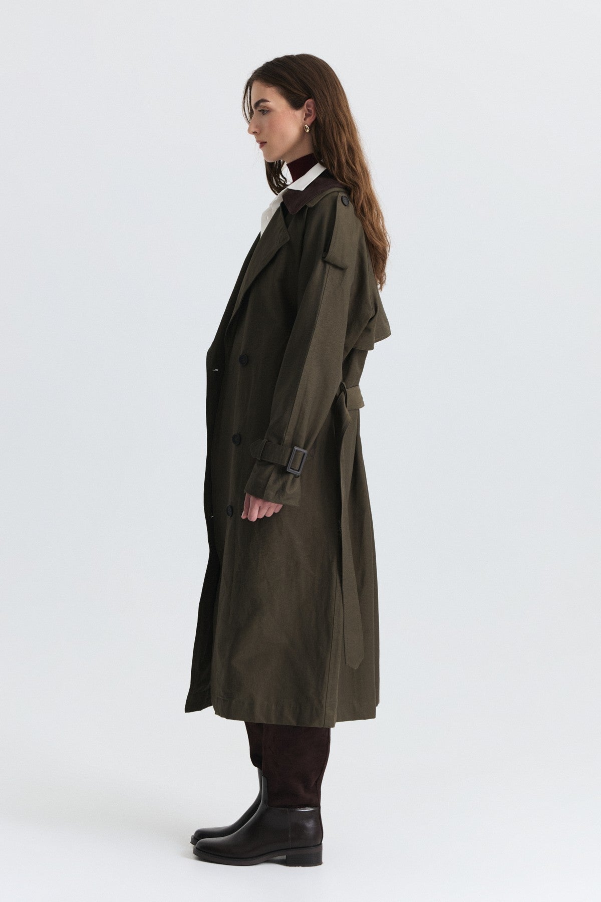 Velvet-Collar Double-Breasted Trench Coat