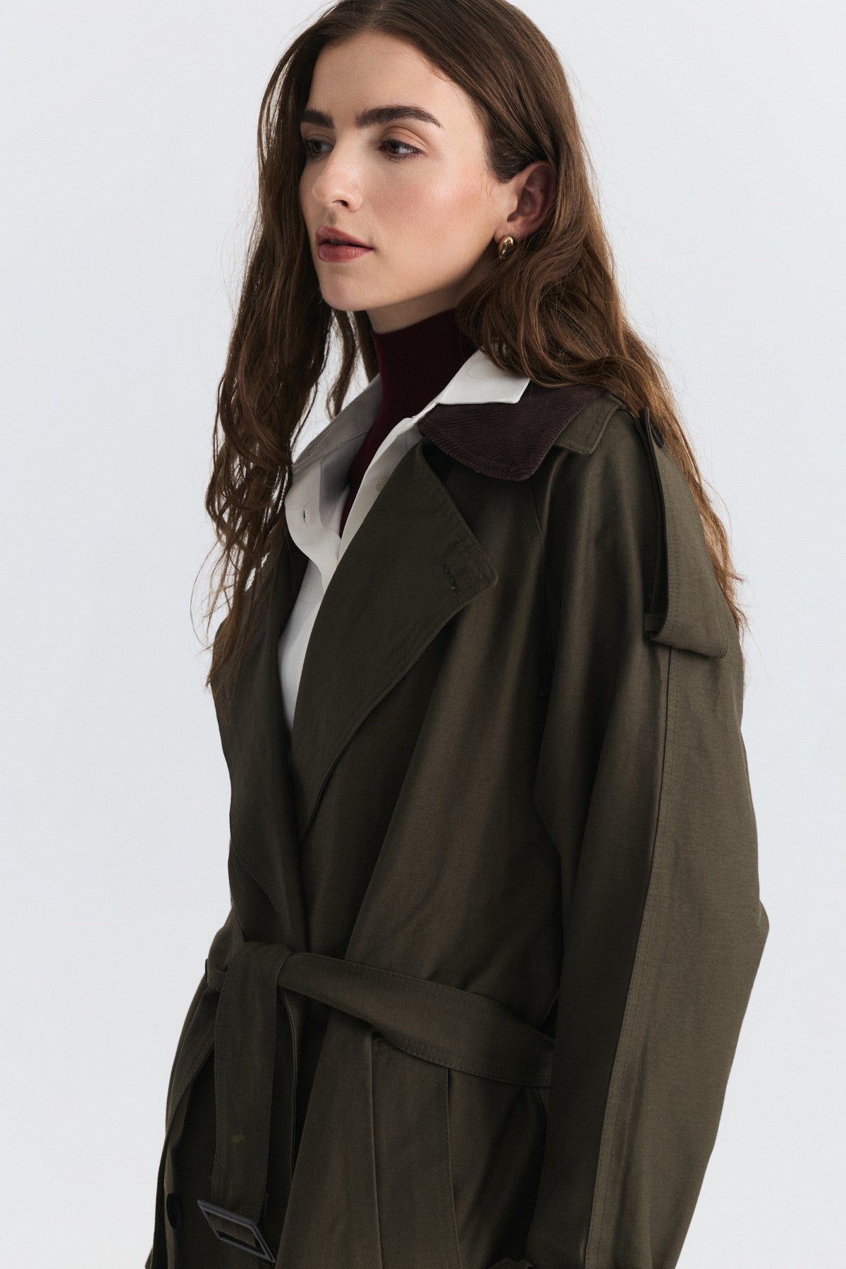 Velvet-Collar Double-Breasted Trench Coat