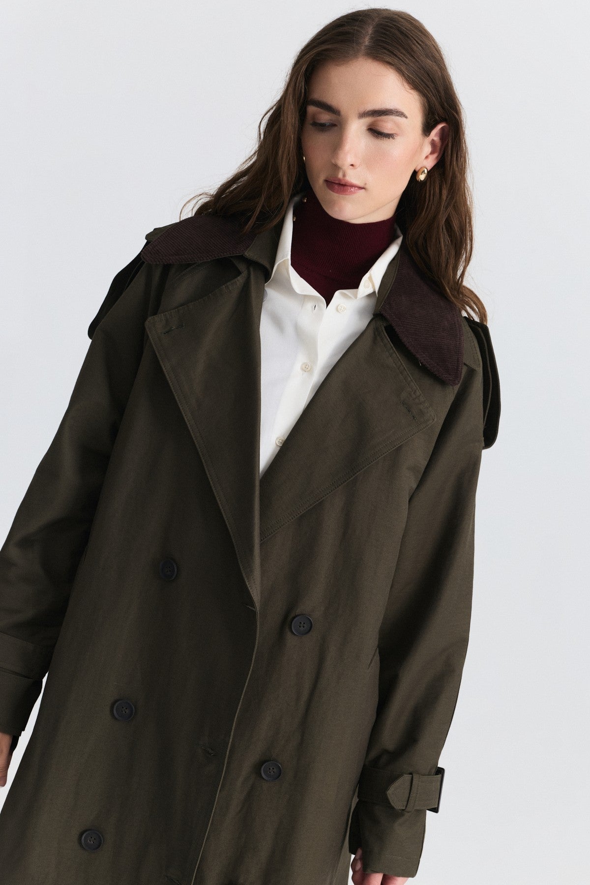 Velvet-Collar Double-Breasted Trench Coat