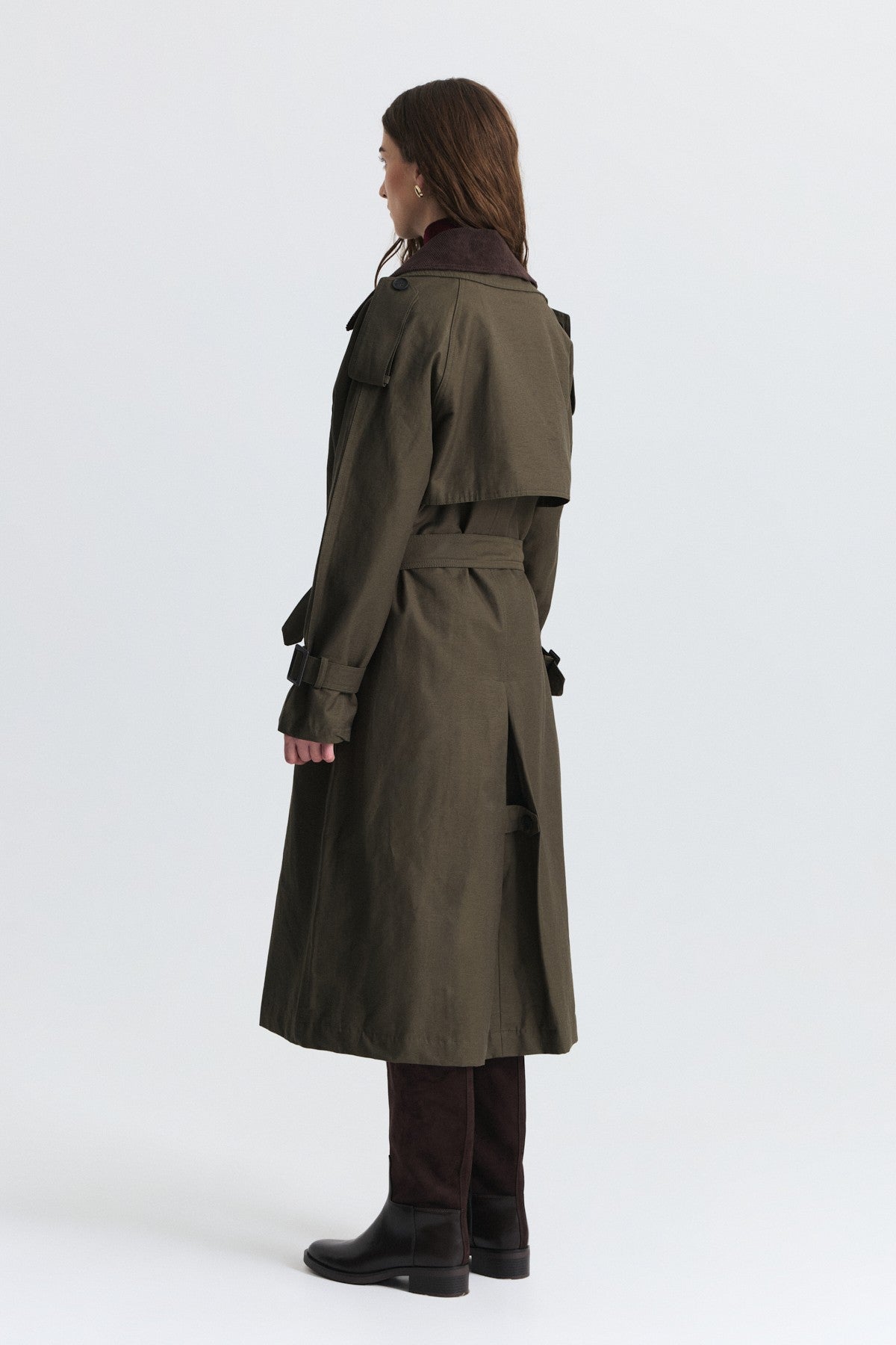 Velvet-Collar Double-Breasted Trench Coat